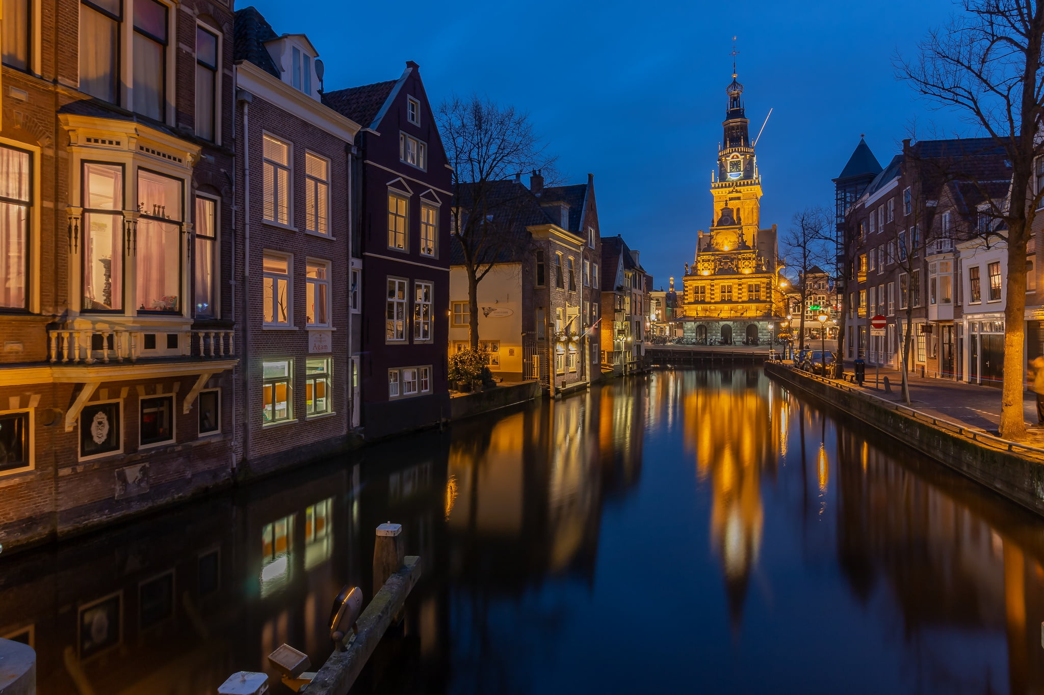 Holland, the evening, 1080P, lights, Netherlands, Alkmaar, channel, HD Wallpaper