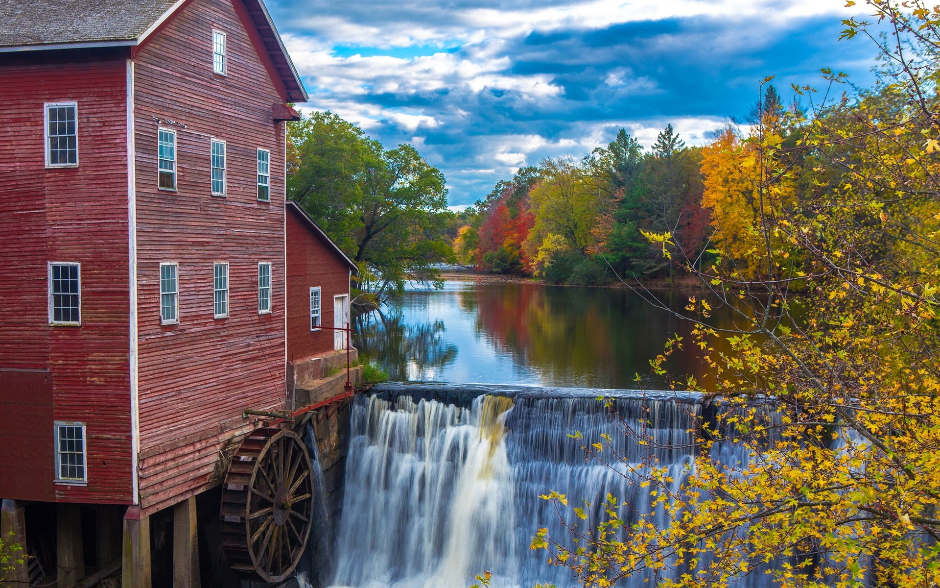 1080P, Mill, Waterfalls, Trees, River, House, Autumn, Water, HD Wallpaper