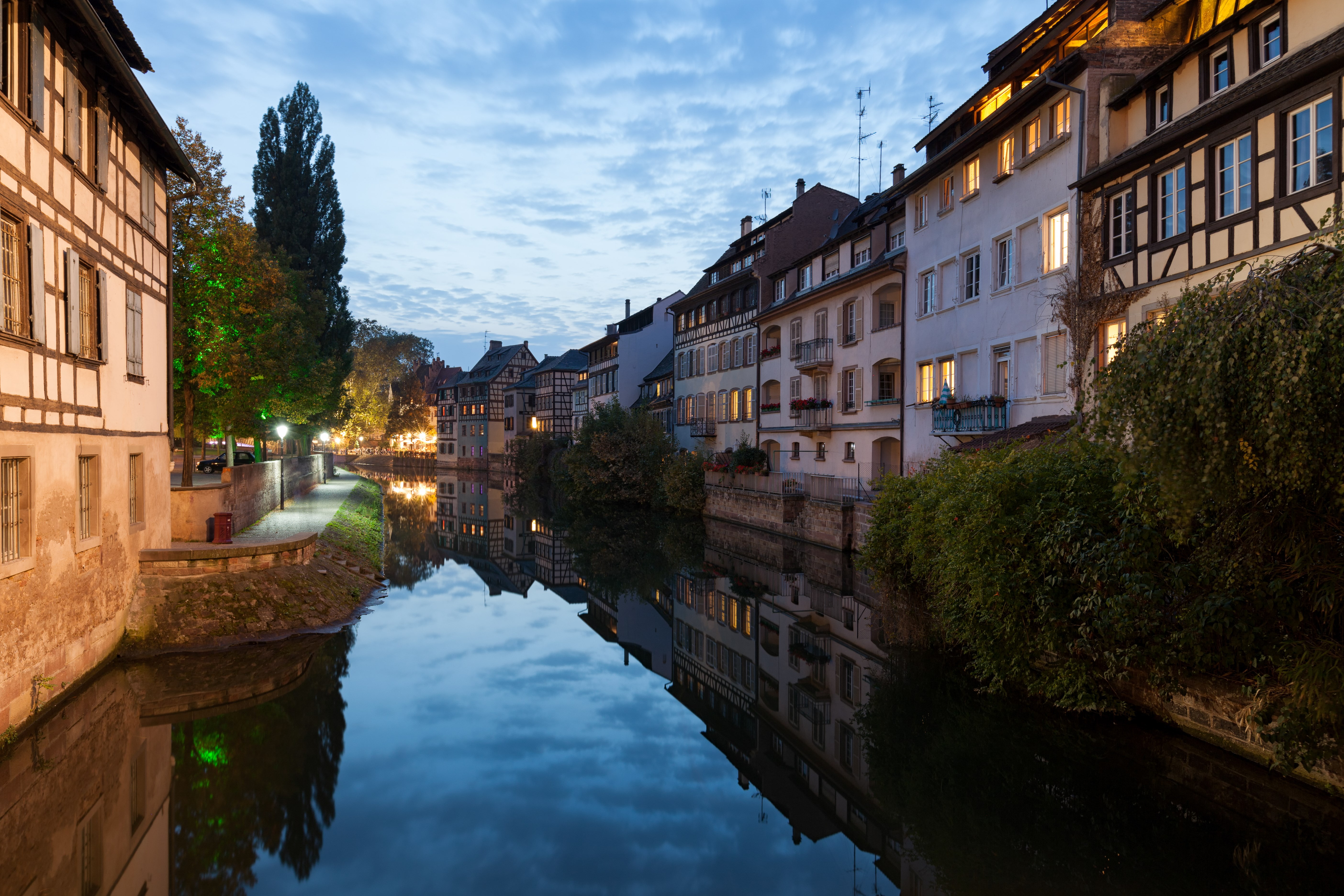 sky, canal, 5K, no people, water, cloud - sky, tree, architecture, strasbourg, illuminated, city, reflection, plant, dusk, building, residential district, HD Wallpaper