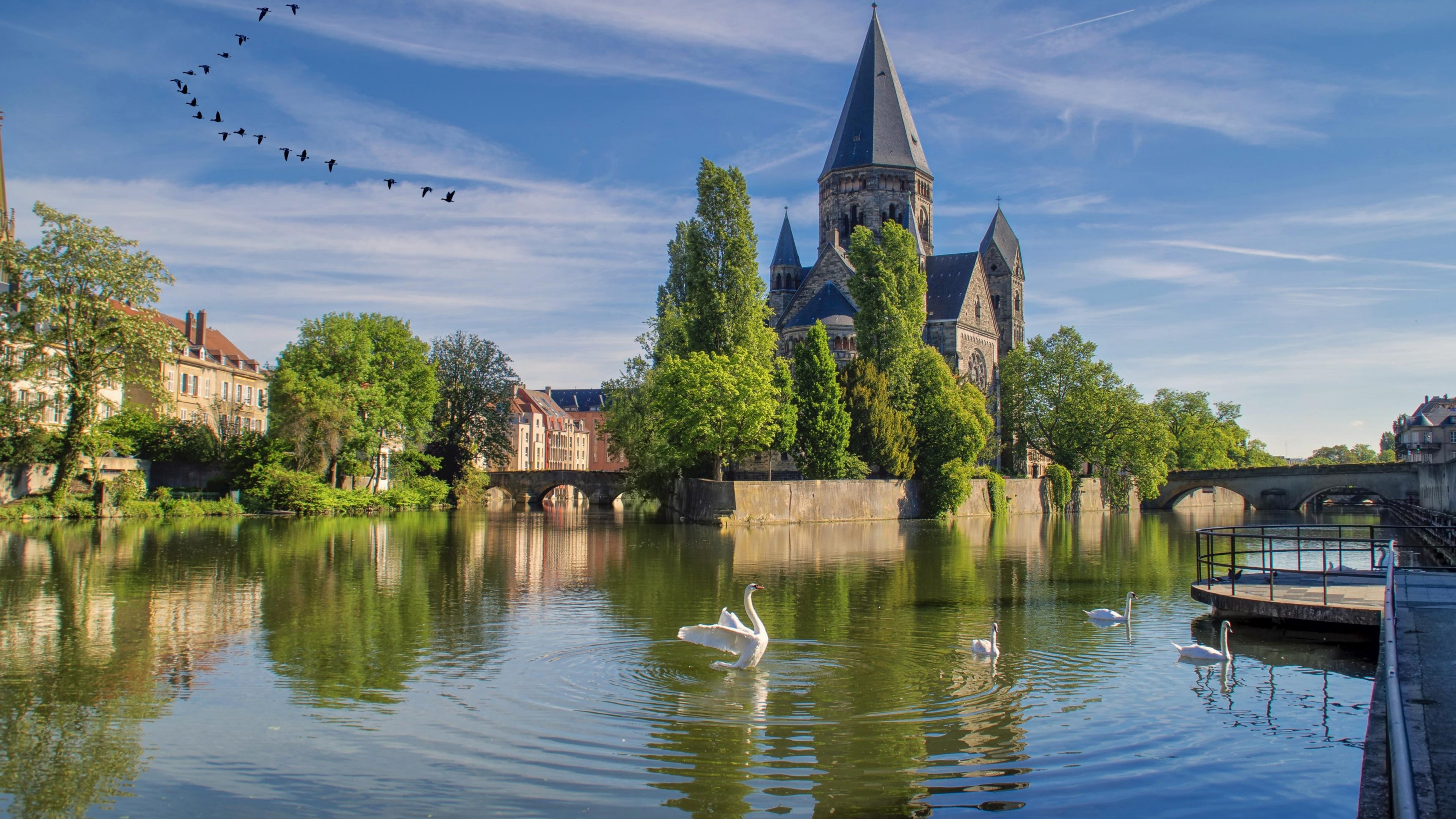 strasbourg, church, tourist attraction, 4K, bank, temple neuf, temple, metz, water, sky, france, canal, city, lutheran church, tree, spire, HD Wallpaper