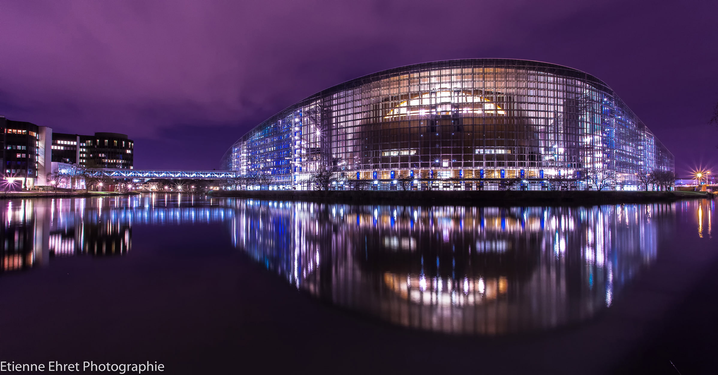 the evening, the city, backlight, France, lights, reflection, The European Parliament, Strasbourg, 1080P, night, HD Wallpaper