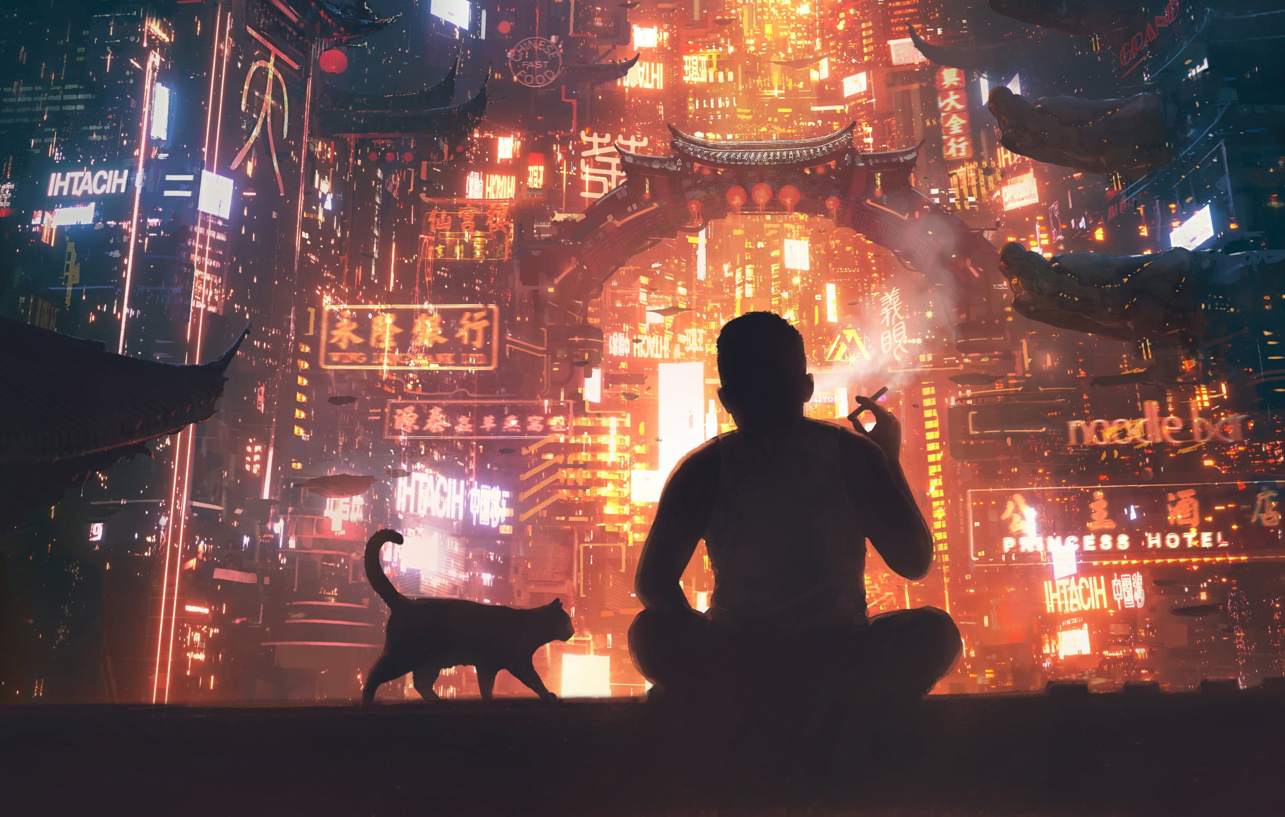 Men, City, Oriental, Futuristic, Man, Cat, Sci Fi, Silhouette, 1080P, HD Wallpaper