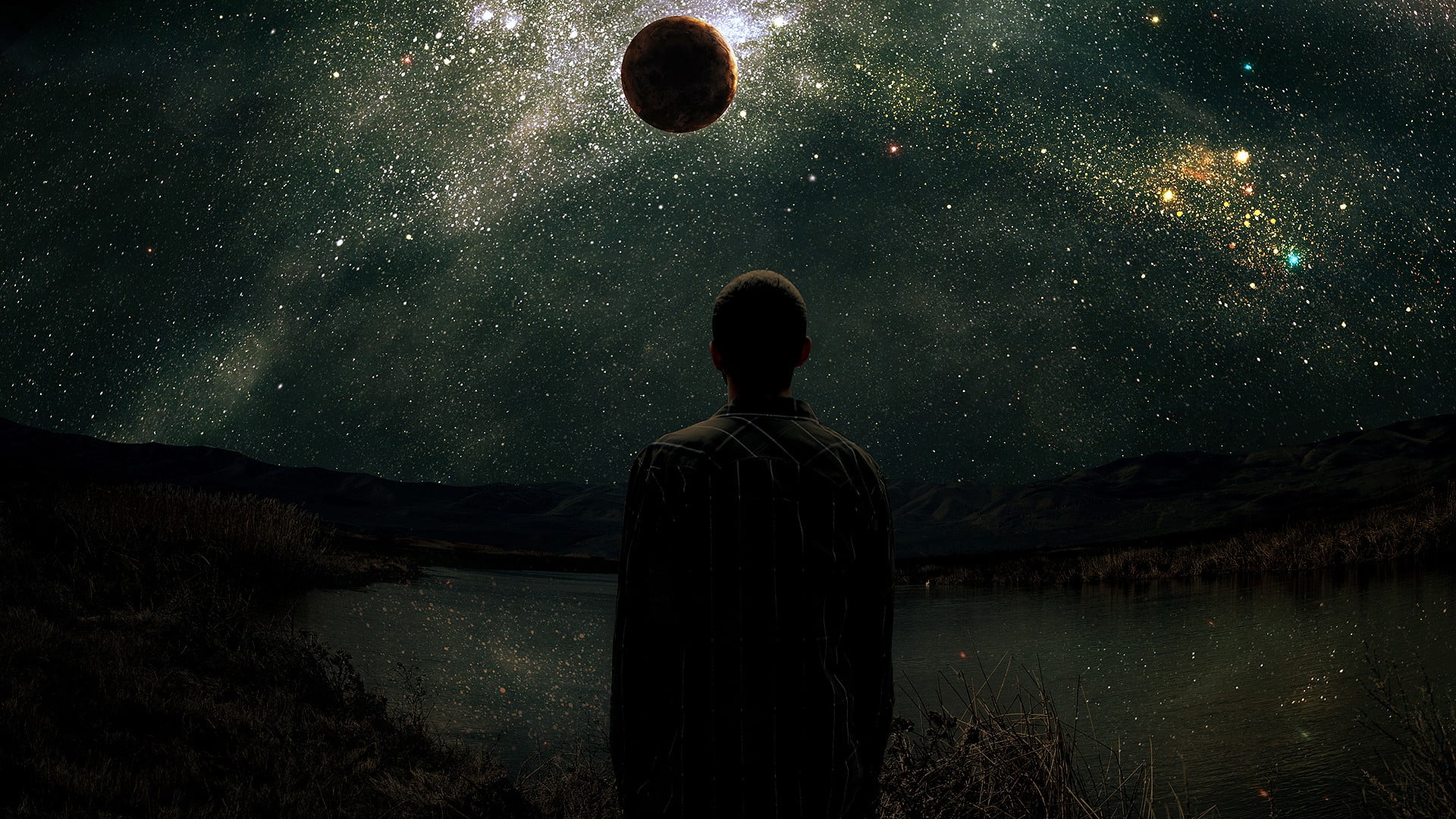 men, scenics - nature, space art, night, star, one person, looking at view, man, silhouette, milky way, astronomy, sky, leisure activity, water, facing, HD Wallpaper