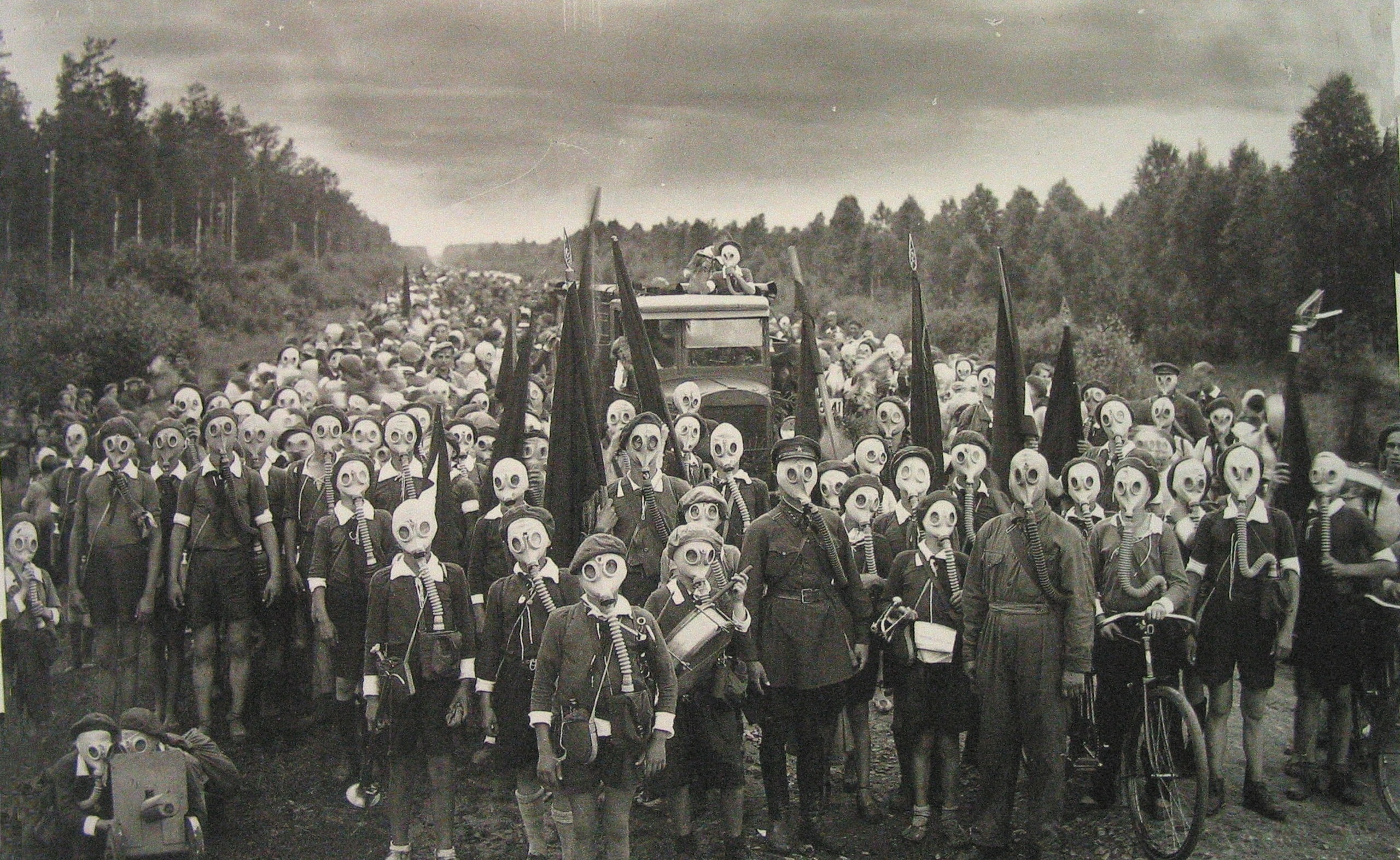 transportation, photo, government, clothing, occupation, Vintage, sky, outdoors, plant, city, tree, gas, real people, day, grayscale, Mask, group, large group of people, HD Wallpaper