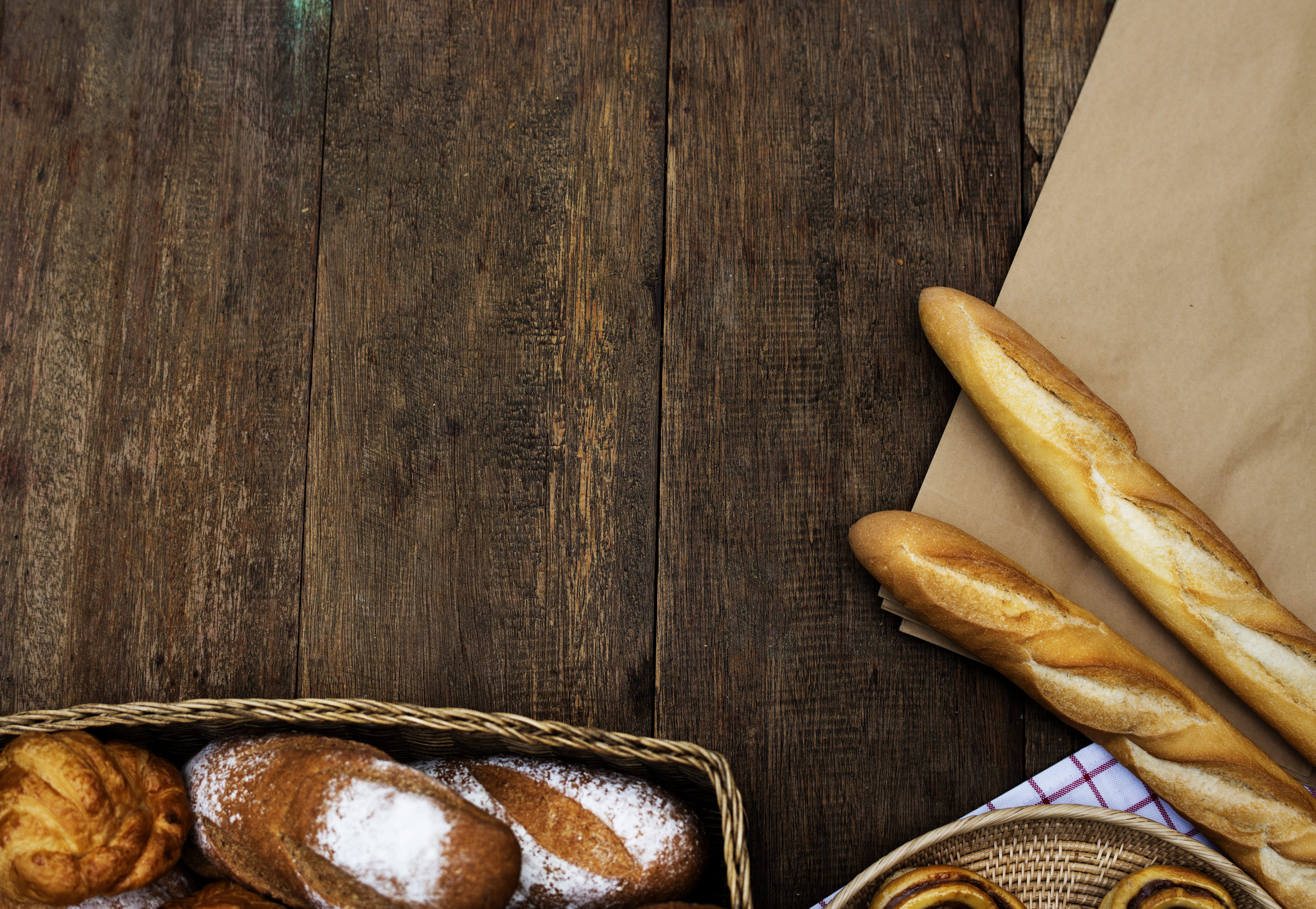 indoors, bun, snack, yummy, table, baguette, directly above, wood - material, bakery, wooden table, loaf of bread, wooden, close-up, buns, still life, french food, HD Wallpaper