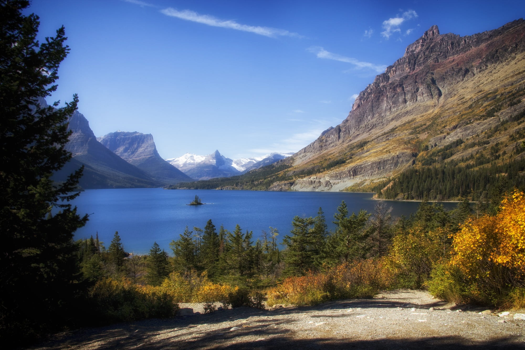 blue, trees, non-urban scene, sky, mountain range, body of water, formation, day, mountain, water, outside, autumn, landscape, plant, montana, brown, cloud - sky, HD Wallpaper