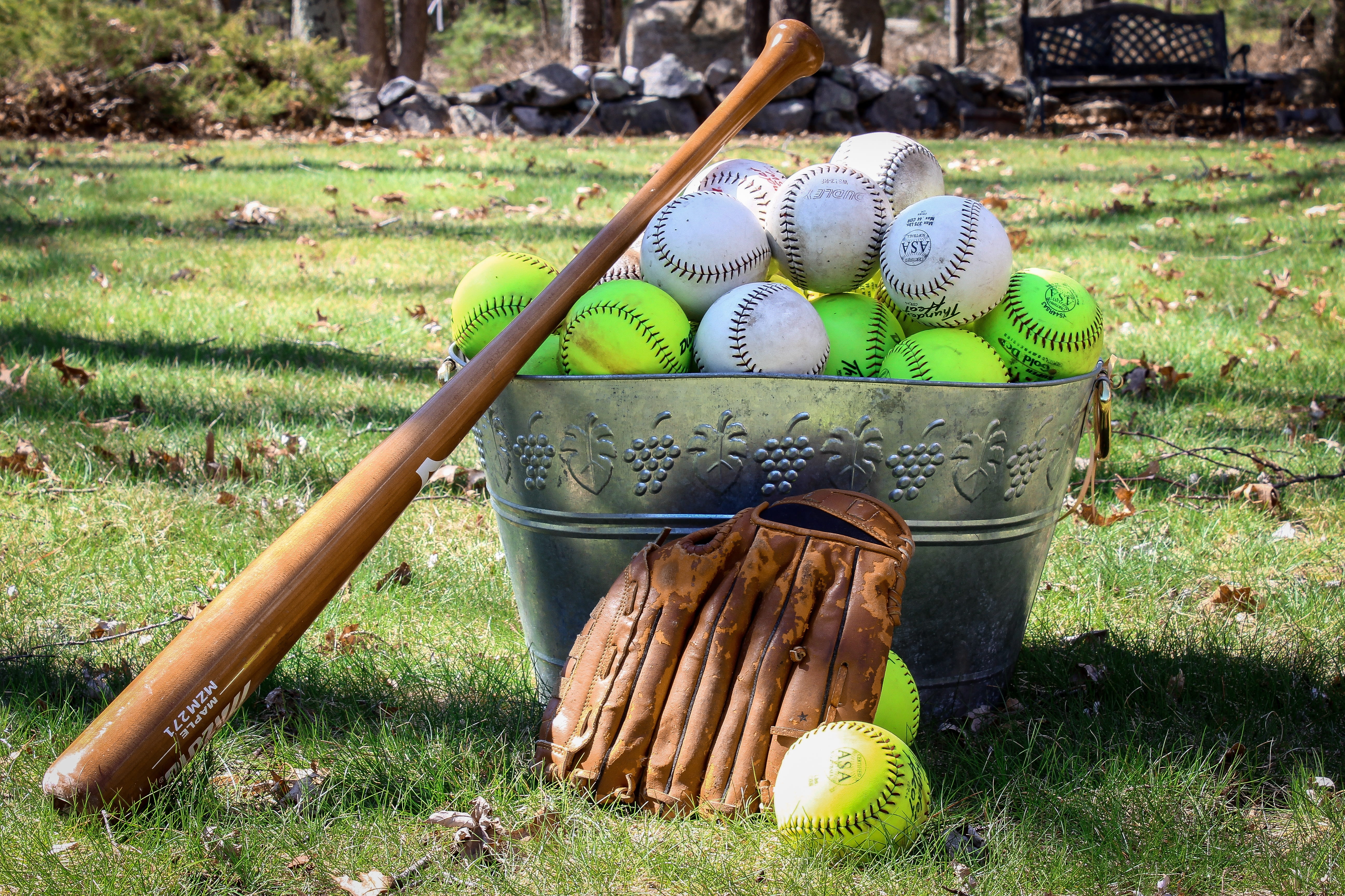 baseball - ball, sports equipment, team sport, no people, baseball bat, outdoors, sport, green, field, nature, bucket, bat, recreational, plant, leisure, HD Wallpaper