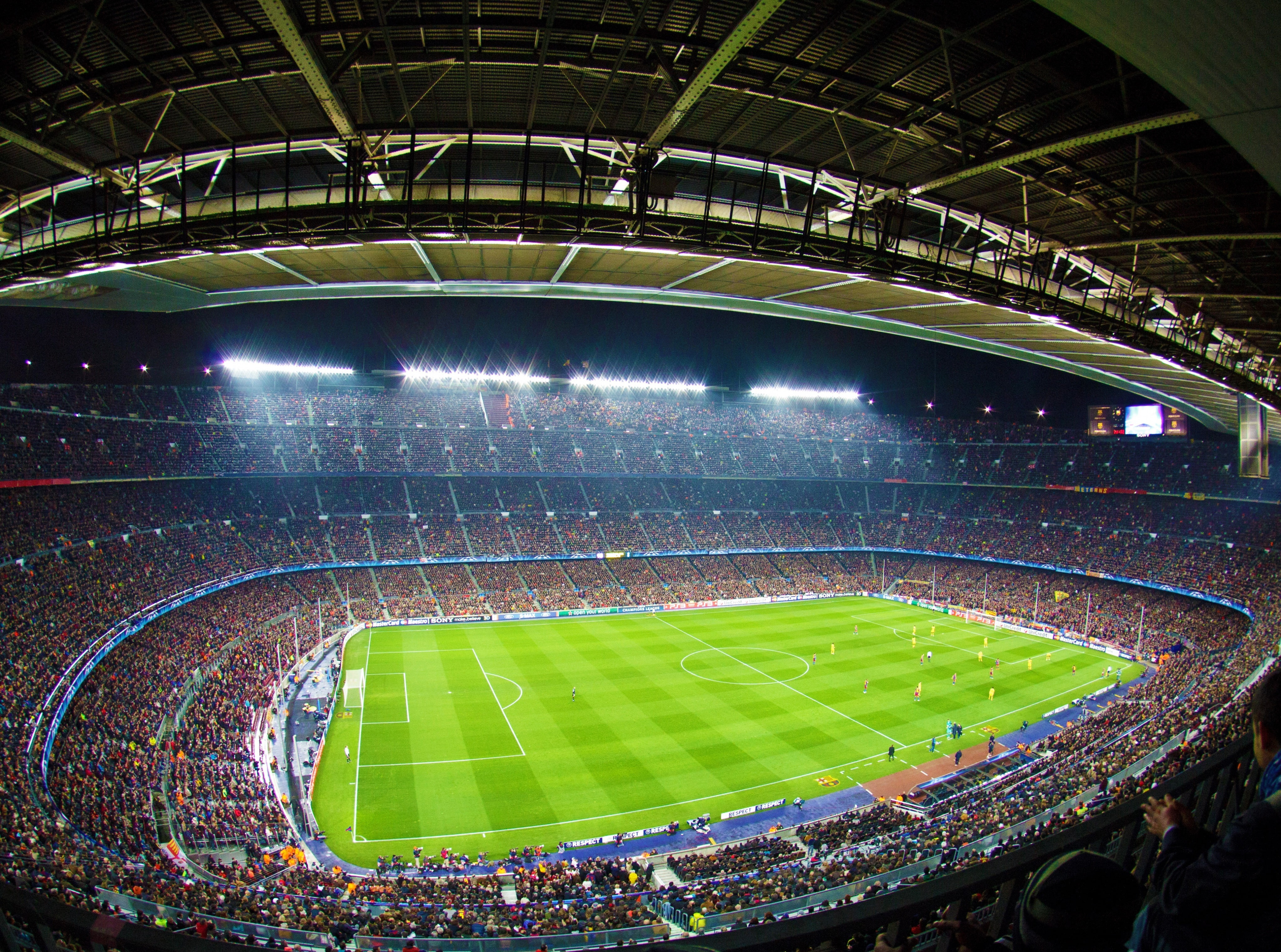 Football, illuminated, night, Soccer, playing field, match - sport, fitted, 4K, cap, Stadium, lighting equipment, empty, nature, built structure, sports team, HD Wallpaper