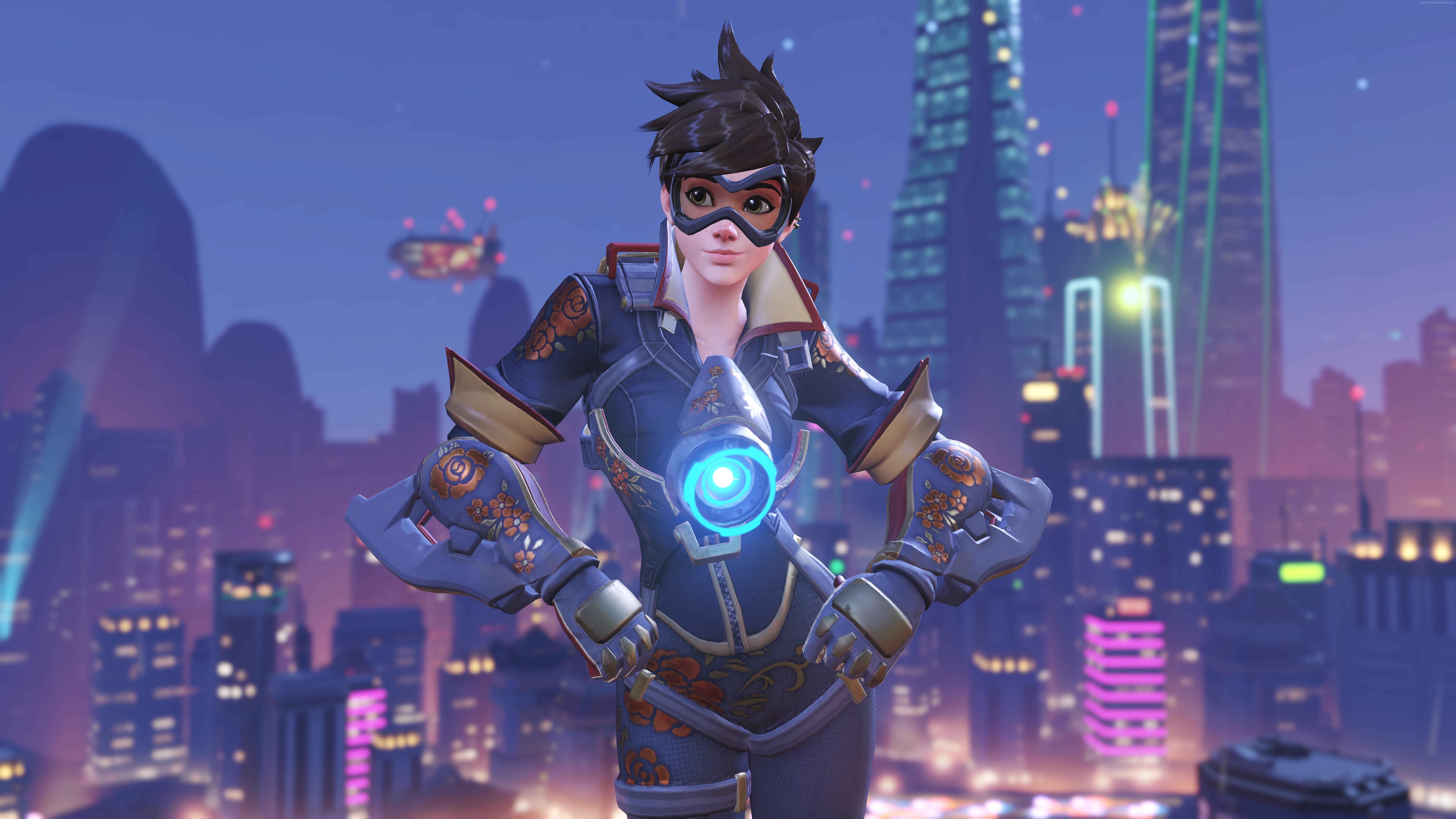 glowing, technology, modern, front view, Tracer, futuristic, 8K, building exterior, Overwatch, portrait, cityscape, poster, focus on foreground, young adult, HD Wallpaper