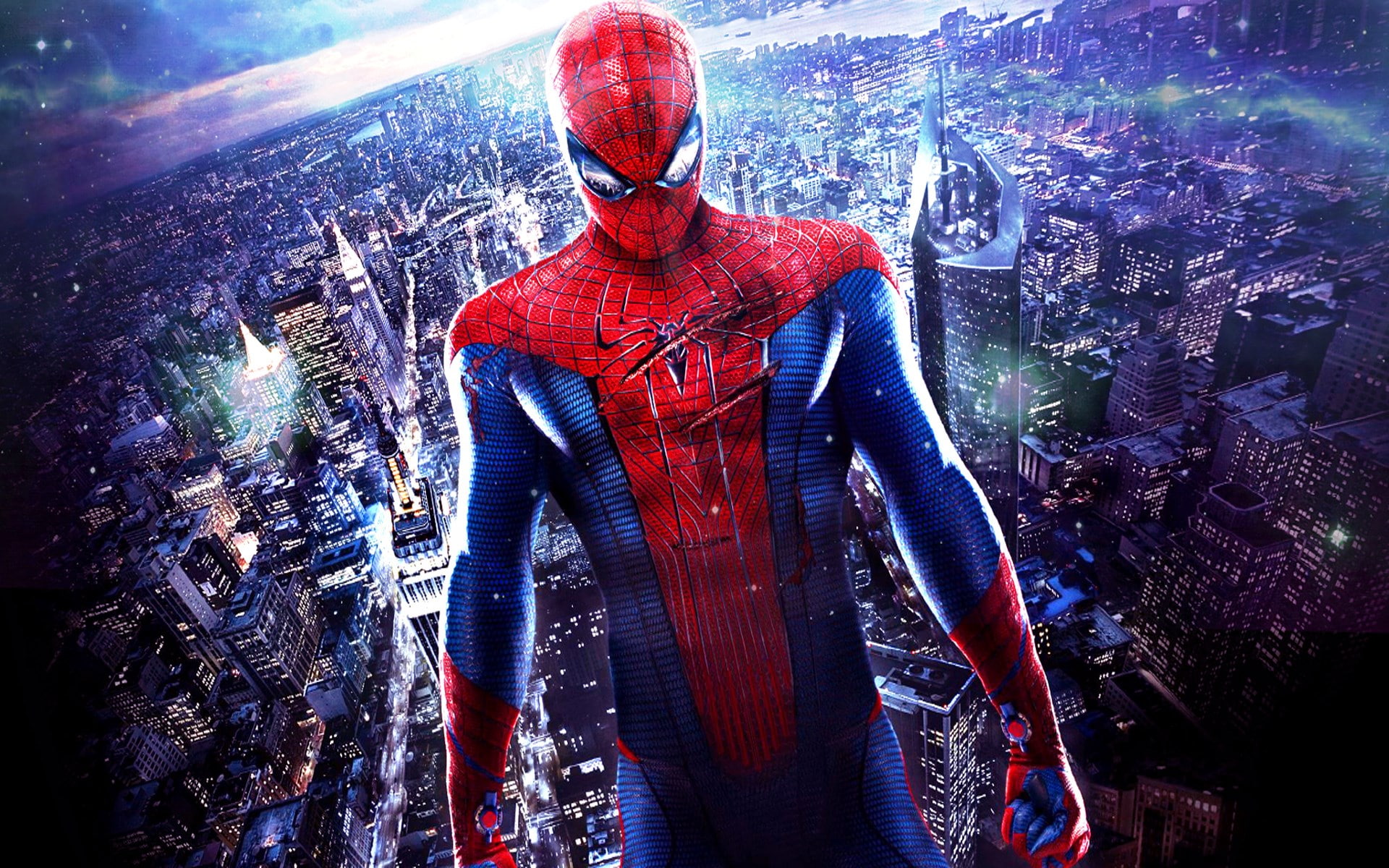city, men, illuminated, standing, spiderman beautiful backgrounds desktop, clothing, front view, red, working, night, occupation, adult, communication, HD Wallpaper