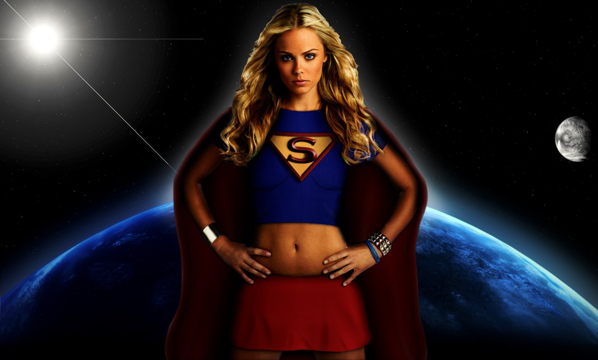 Smallville, black background, looking at camera, Blue Eyes, Long Hair, Woman, Blonde, Skirt, beautiful woman, indoors, studio shot, astronomy, night, TV Show, HD Wallpaper