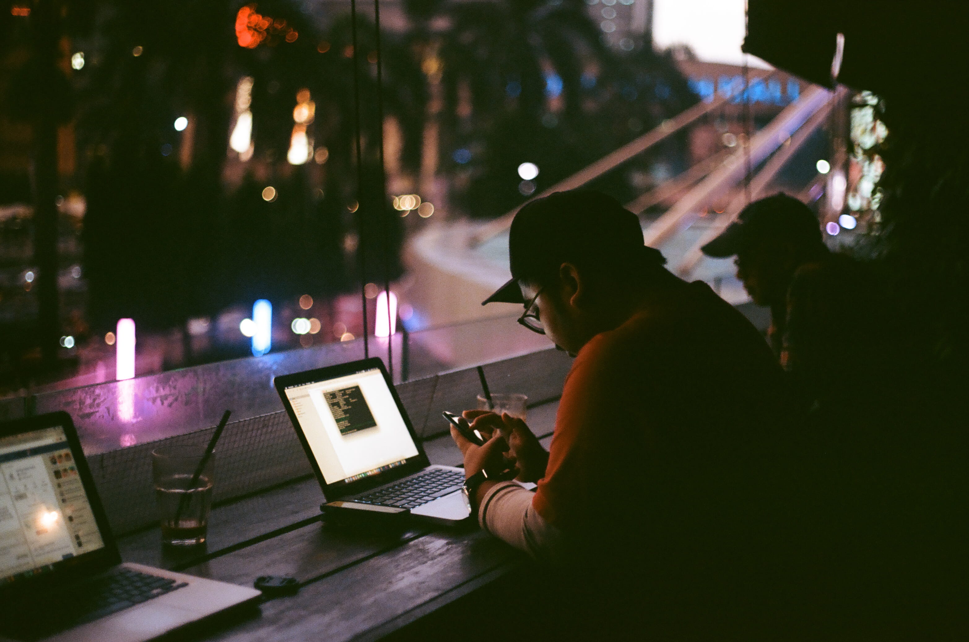 computer, connection, adult, wireless technology, facing, dark, outdoors, sound mixer, android, one person, illuminated, listening, club dj, black and gray, HD Wallpaper