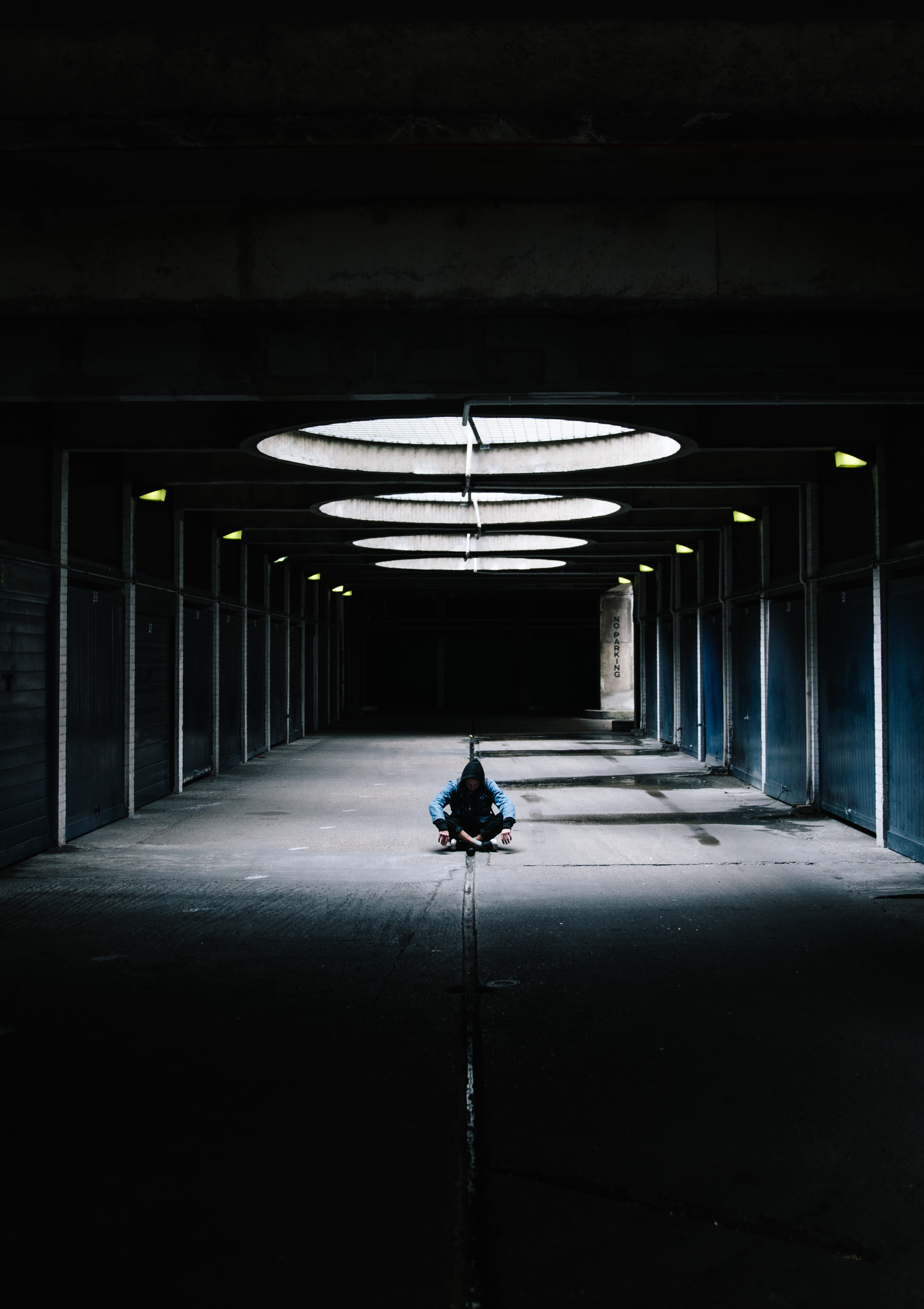 hallway, shadow, photo, parking garage, urban Scene, real people, full length, the way forward, men, rear view, adult, wall, transportation, sit, day, concrete, Phone HD Wallpaper