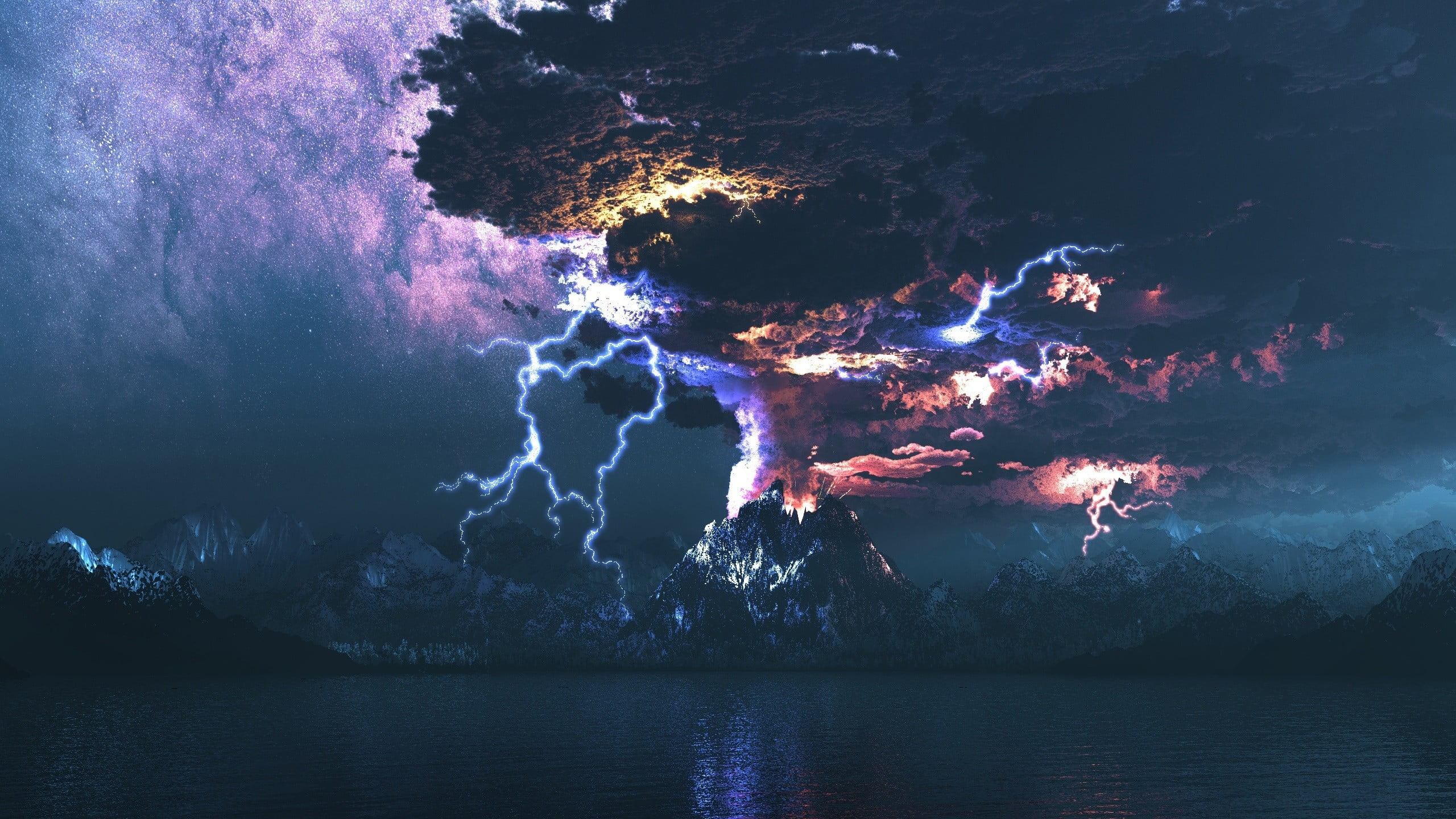 illuminated, reflection, scenics, no people, cloud - Sky, non-urban scene, light - Natural Phenomenon, tranquility, volcano, photo manipulation, tranquil scene, HD Wallpaper