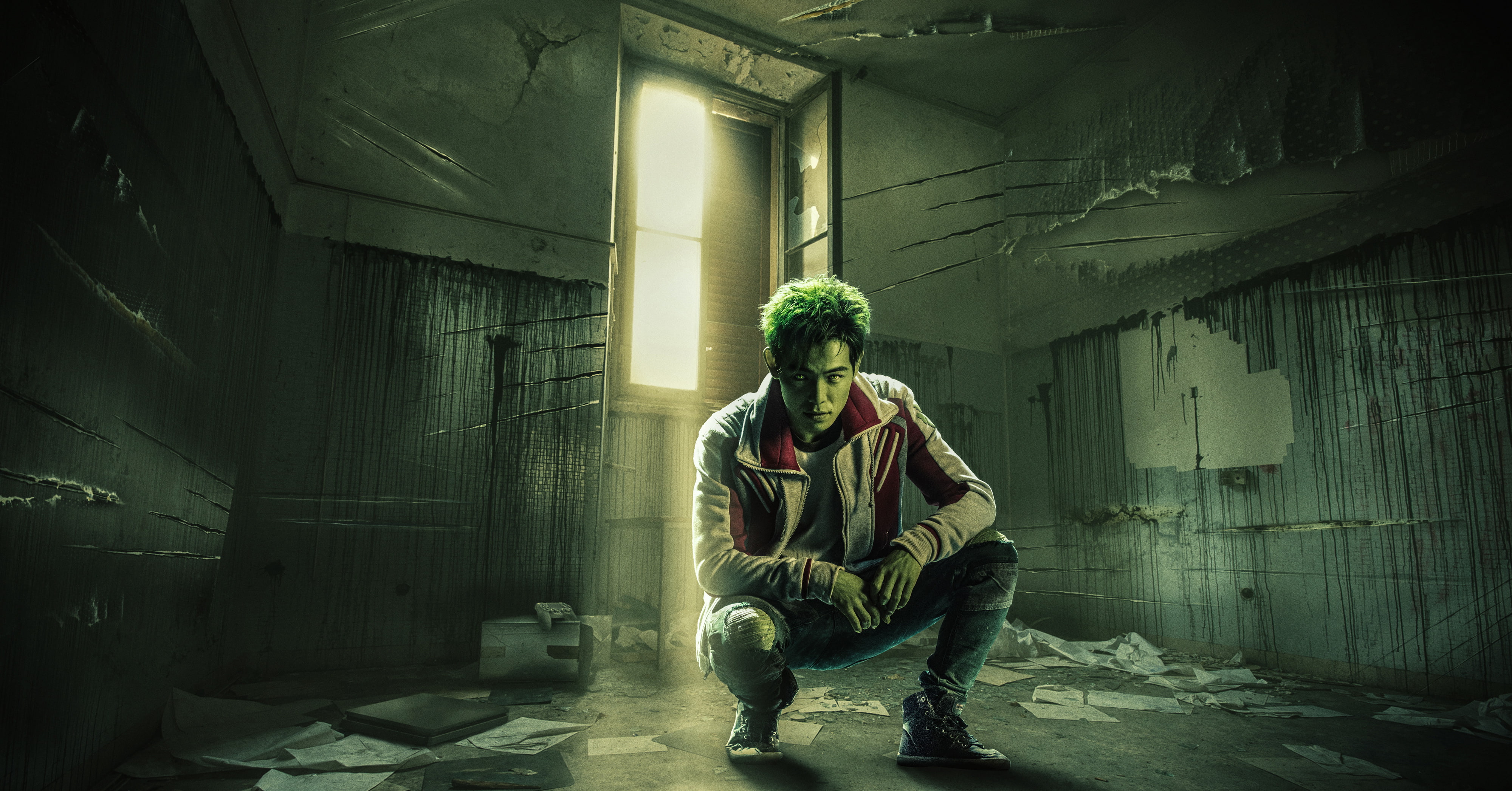 casual clothing, sitting, abandoned, 4K, young adult, 4k, clothing, beast boy, tv shows, indoors, building, contemplation, relaxation, full length, leisure activity, HD Wallpaper