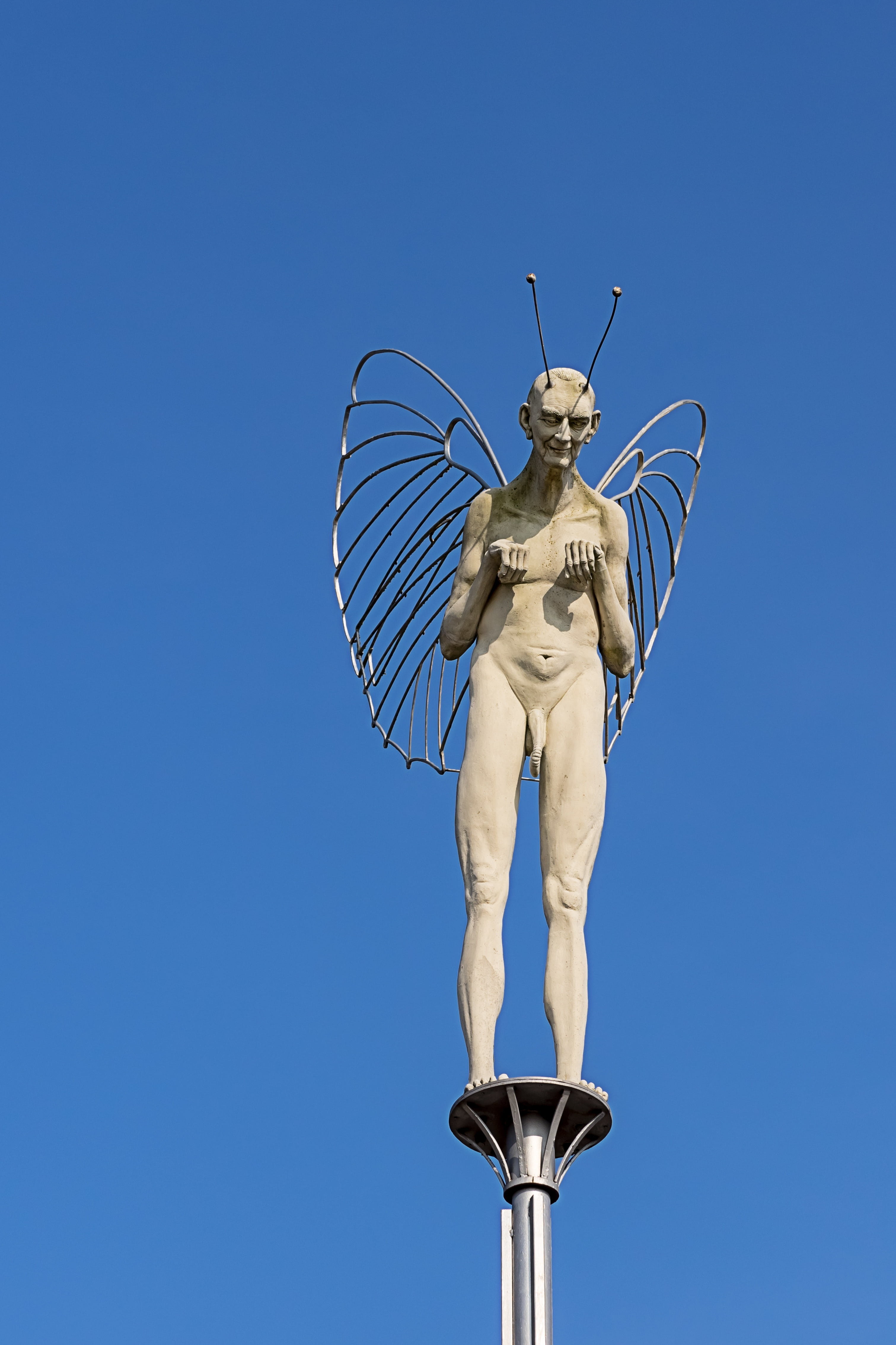 monument, raised, clear sky, human representation, evil, equality, angel, low angle view, 4K, top, sculpture, art and craft, no people, outdoors, blue background, Phone HD Wallpaper