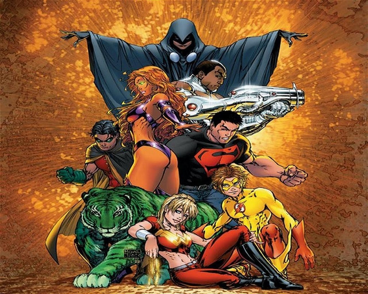 Teen Titans, religion, representation, males, fantasy, Cyborg (DC Comics), men, Kid Flash, mother, male likeness, women, indoors, human representation, HD Wallpaper