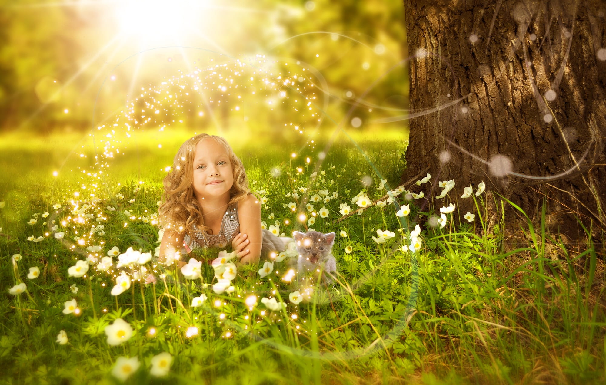 cat, portrait, daytime, happiness, fresh, 1080P, hair, one person, kids, bokeh, hairstyle, dress, flowers, beautiful, long hair, toddler, smile, grass, HD Wallpaper