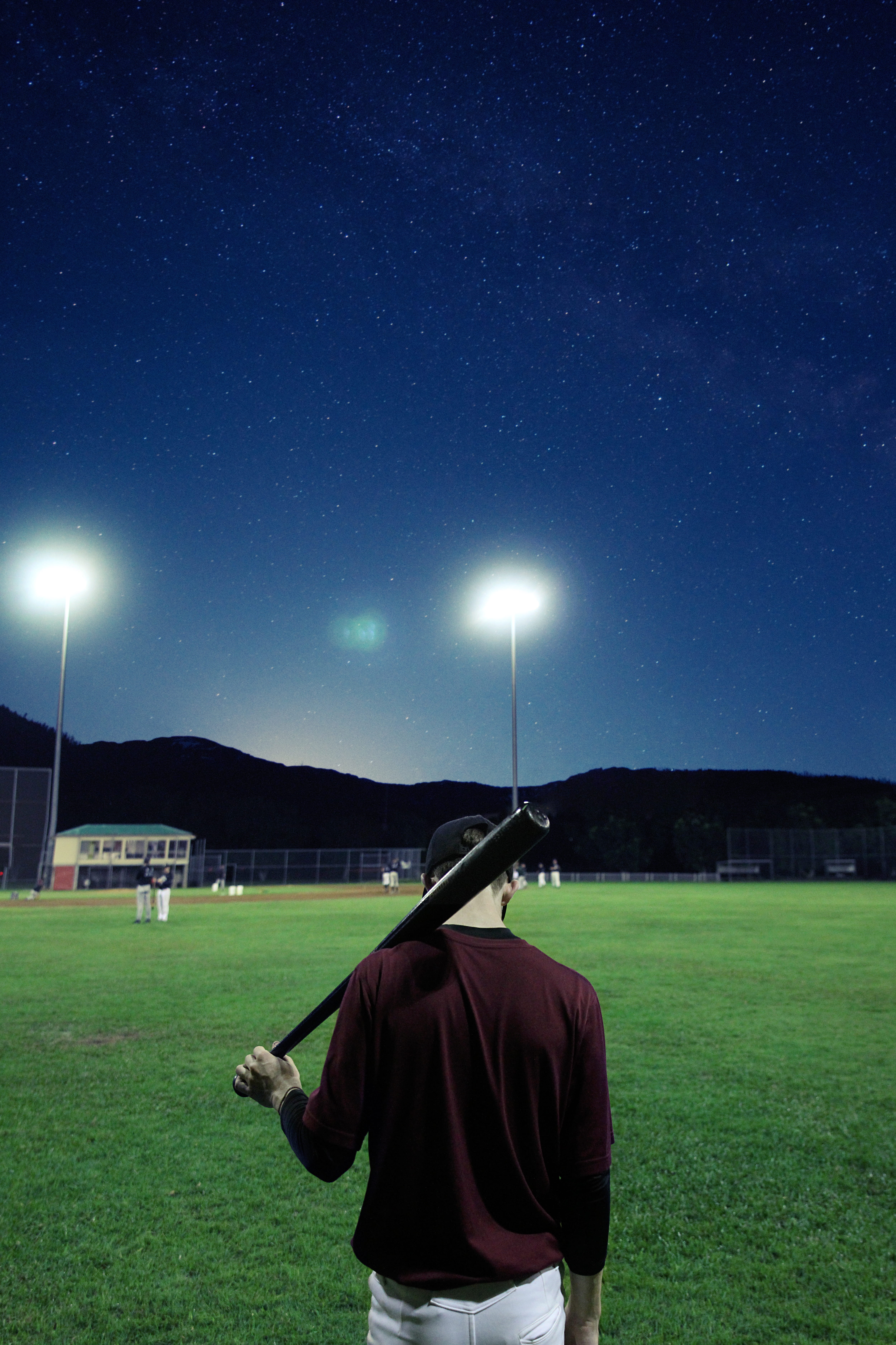 night, one person, moon, playing field, green, man, real people, bat, illuminated, nature, men, holding, star - space, space, clothing, rear view, baseball, Phone HD Wallpaper