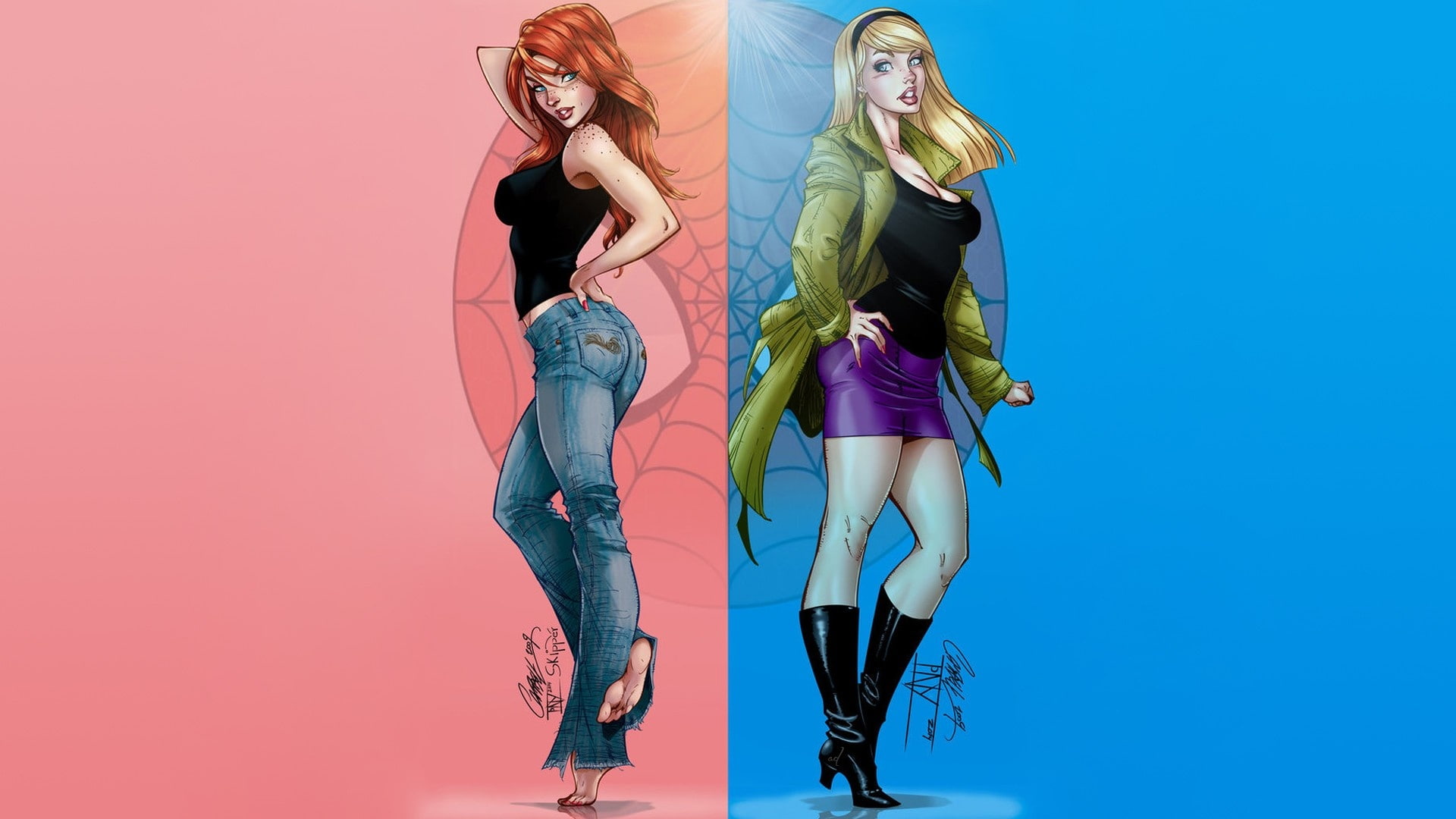 artwork, pink, marvel-comics, blue, collage, stacy, 1080P, mary-janegwen, HD Wallpaper