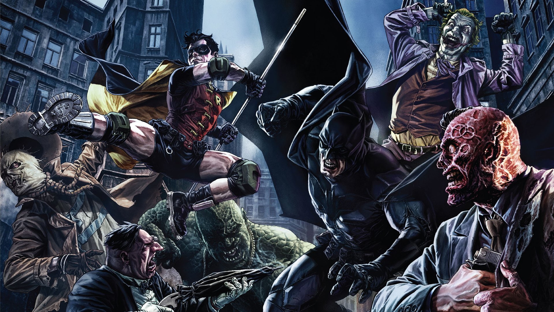 Oswald Cobblepot, mask, Penguin (DC Comics), group, lifestyles, 1080P, Robin (DC Comics), group of people, gun, activity, women, aggression, holding, architecture, HD Wallpaper