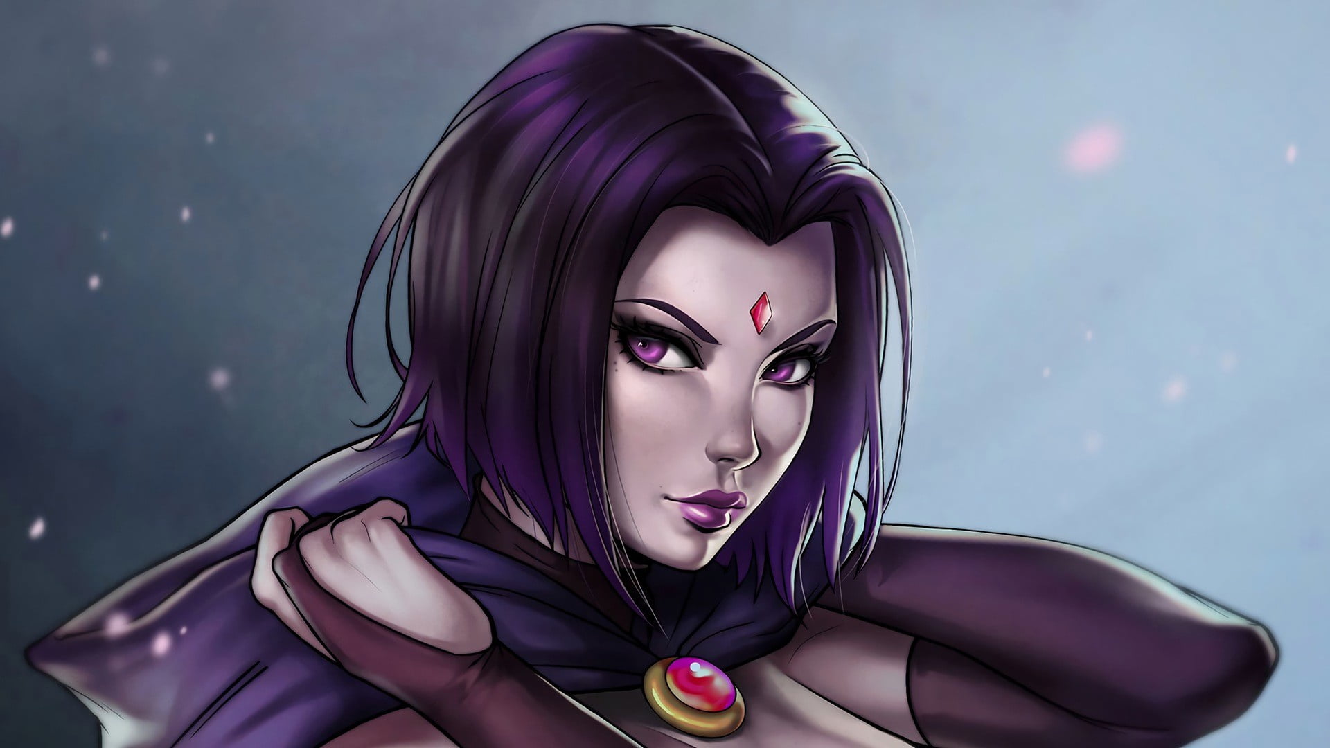 by Dandonfuga, Crystal, Artist, Hood, Comics, Purple eyes, Raven, Dandonfuga, Kare, DC Comics, Beautiful, Beauty, Art, Purple hair, 1080P, Violet hair, HD Wallpaper