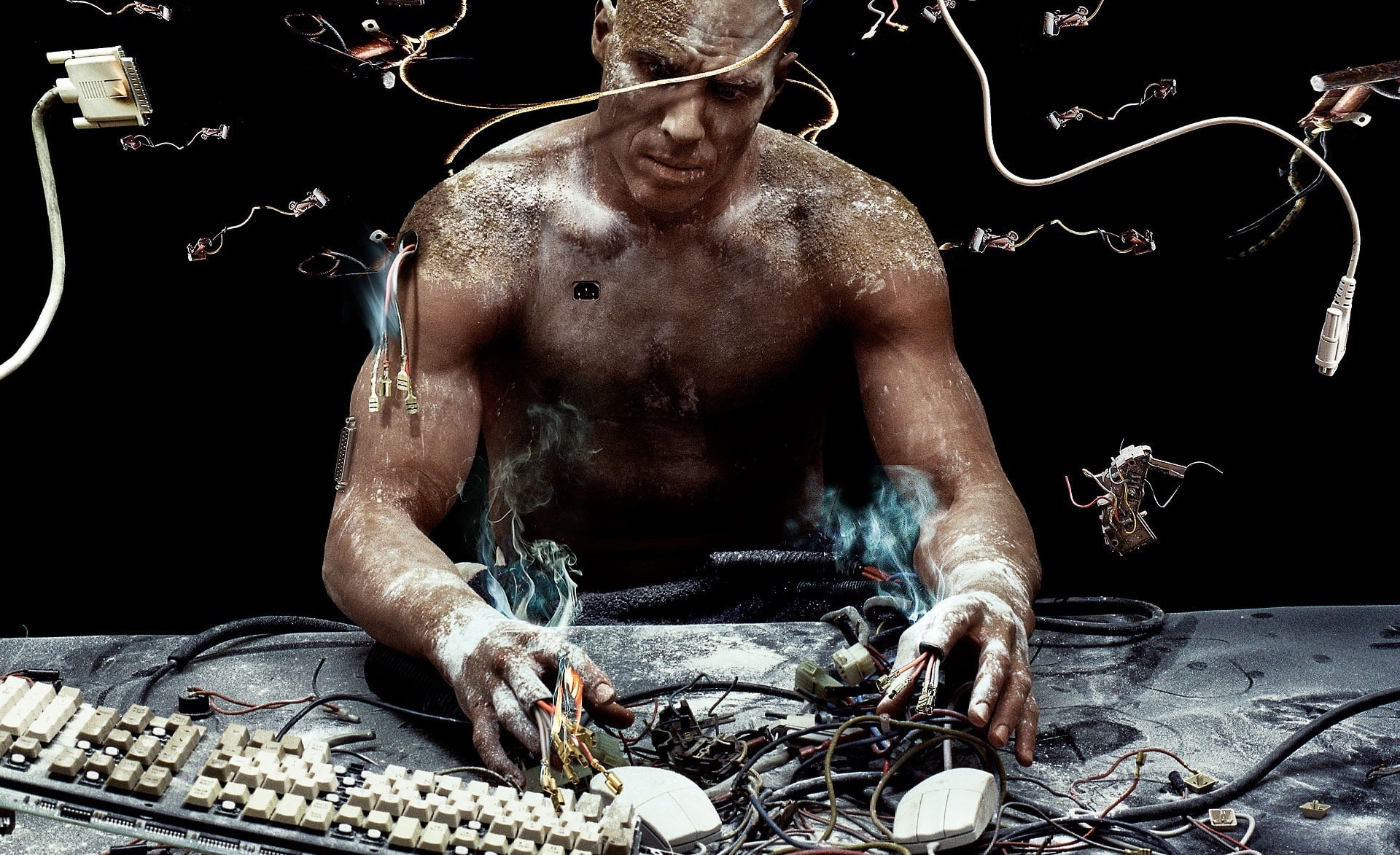 one person, shirtless, occupation, Robotman, front view, holding, food, adult, males, real people, 1080P, computer, skill, two, Creative, men, portrait, HD Wallpaper