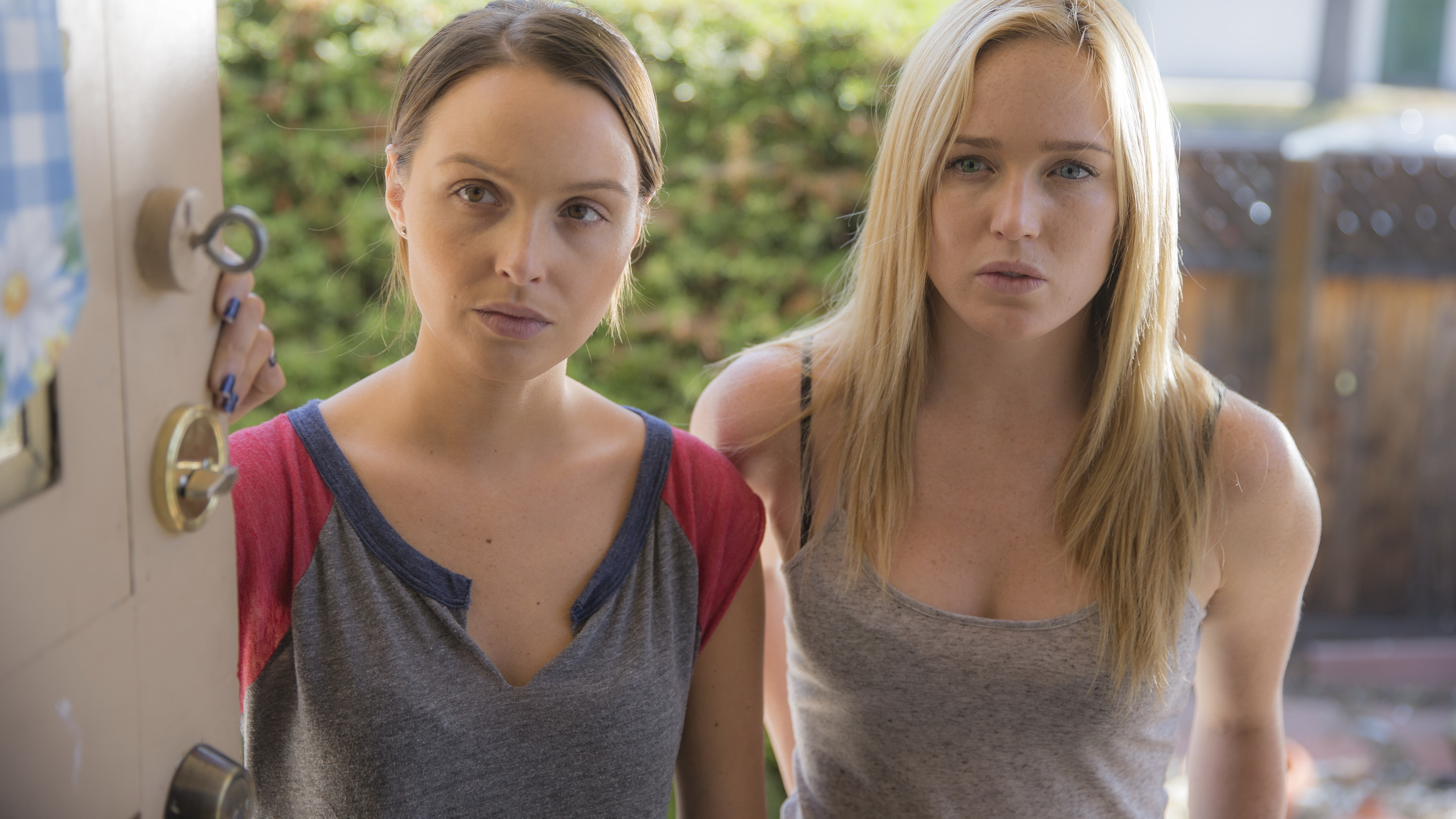 standing, women, couple - relationship, headshot, contemplation, looking at camera, casual clothing, gray, two people, Caity Lotz, bonding, hairstyle, tank, HD Wallpaper