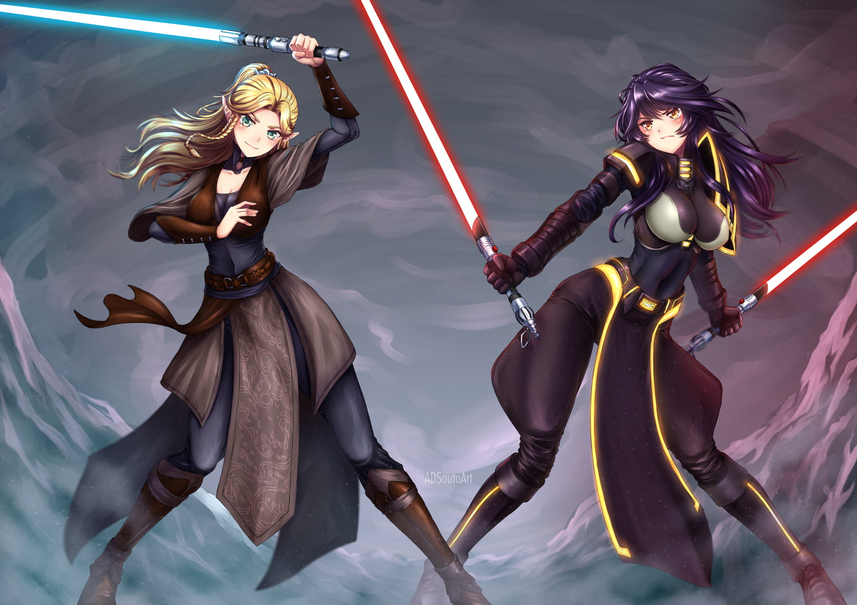 sword, yellow eyes, weapon, blonde, two people, indoors, men, 720P, art and craft, lifestyles, full length, holding, women, braids, nature, clothing, purple hair, HD Wallpaper