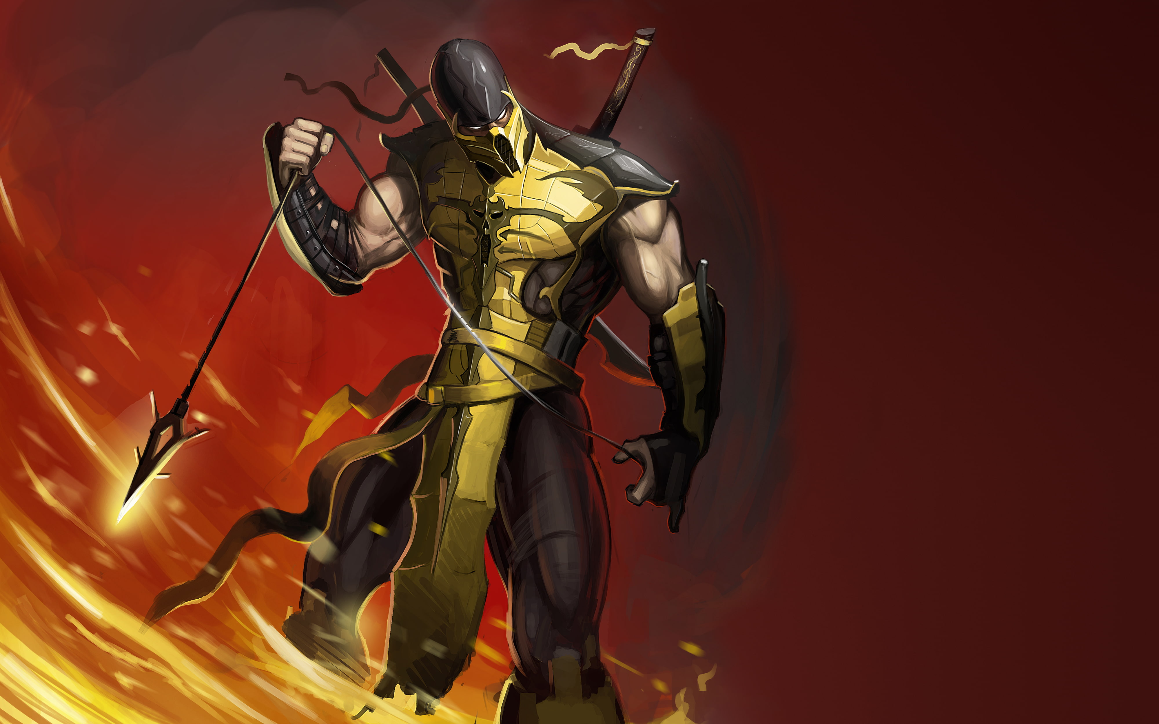 illustration, mortal kombat, helmet, orange color, 4K, creativity, flame, people, ninja, vector, fire, kombat, Scorpio, human representation, superhero, HD Wallpaper