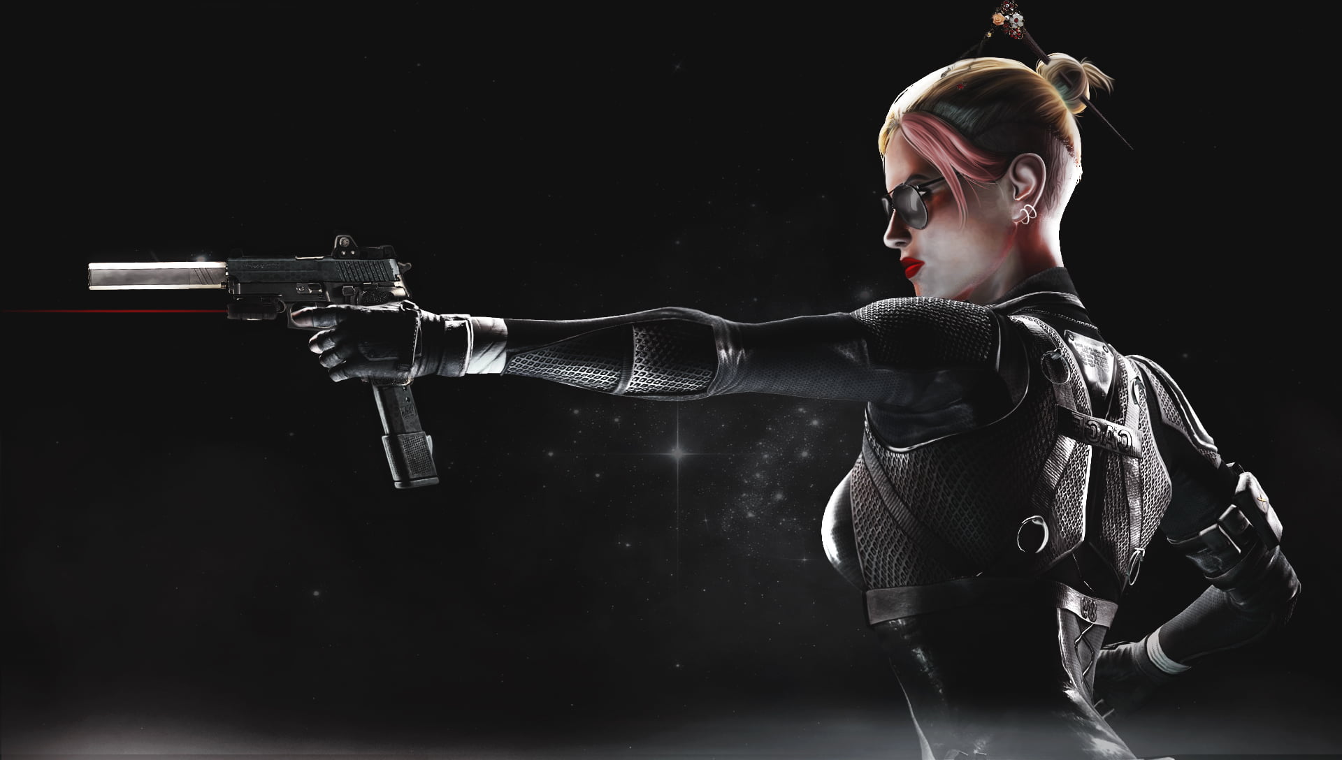 sunglasses, 1080P, military, Silencer, pink hair, mortal kombat 10, Commander, laser, tight clothing, Mortal Kombat, P226, red lipstick, blonde, dark, HD Wallpaper