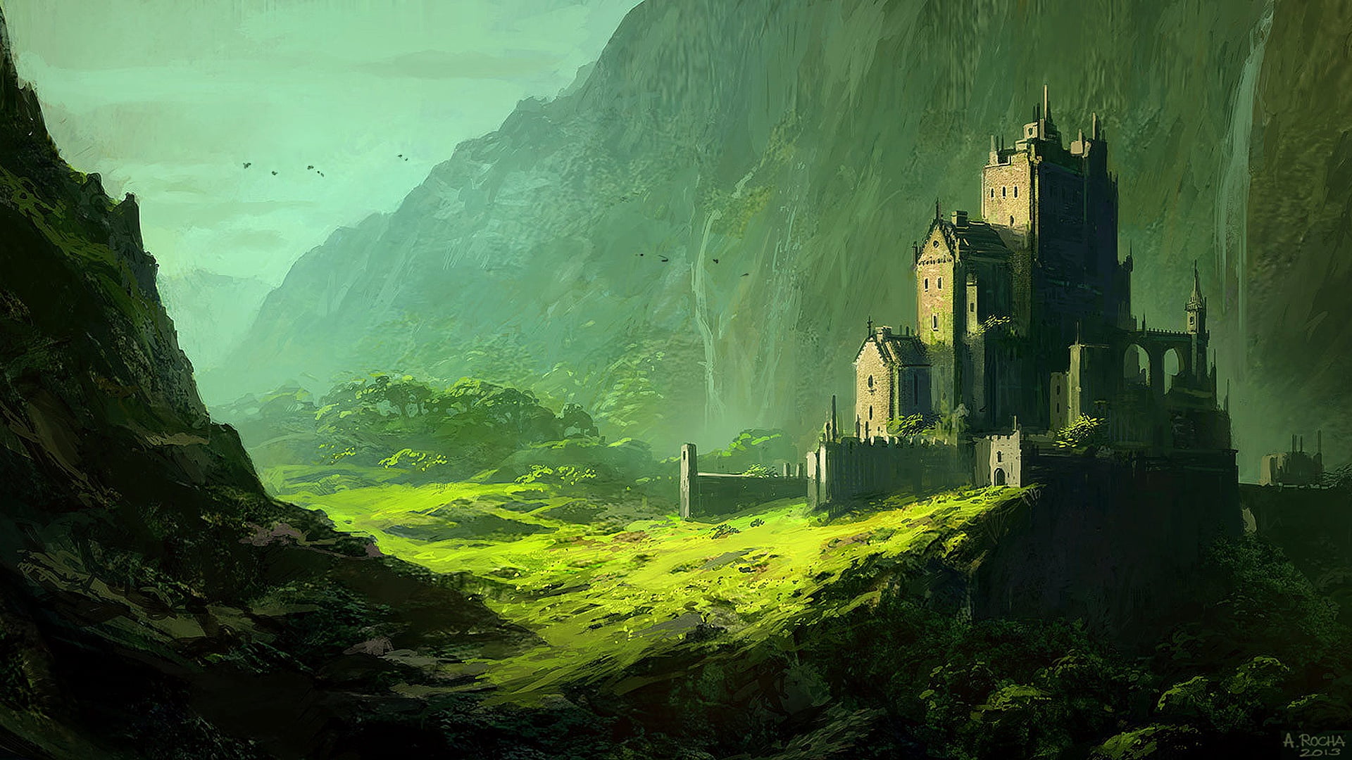 Andreas Rocha, trees, mountains, fantasy, artwork, digital art, landscape, birds, waterfall, 1080P, fantasy art, castle, HD Wallpaper