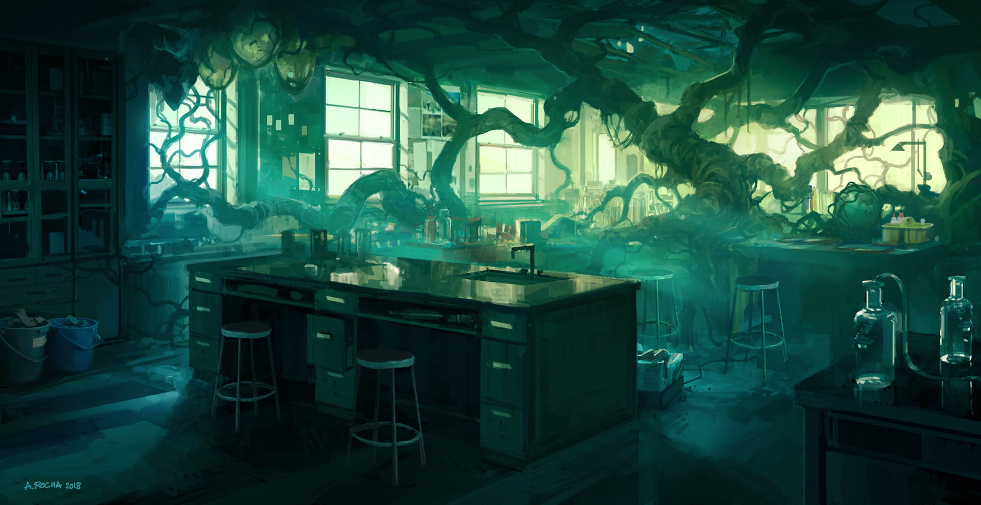 bottles, school, 1080P, twigs, table, chair, Andreas Rocha, nature, laboratories, trees, trash, HD Wallpaper