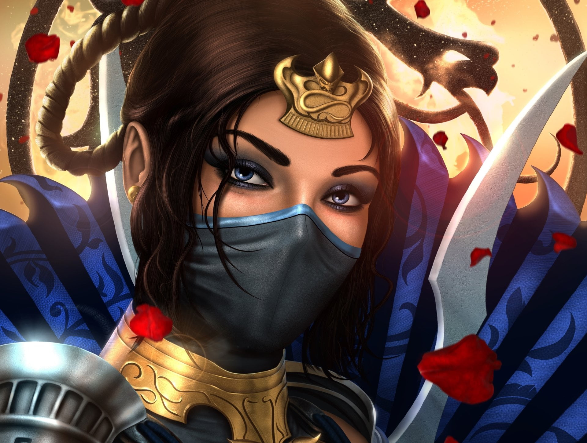 young women, looking at camera, indoors, one person, front view, Kitana (Mortal Kombat), close-up, 1080P, headshot, real people, Mask, young adult, Girl, HD Wallpaper