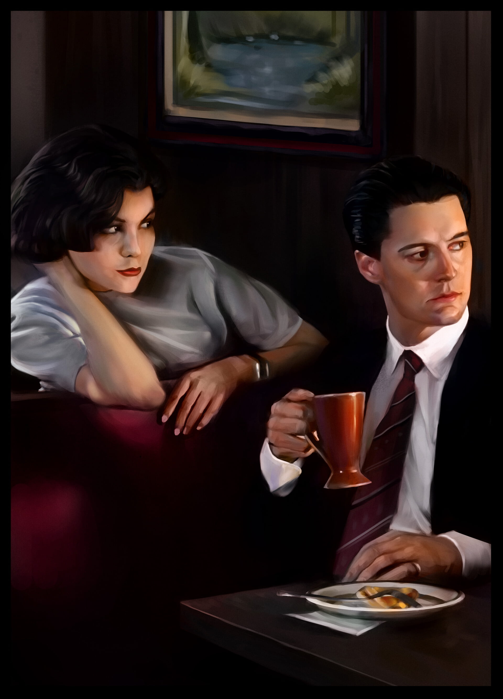 women, 2K, ArtStation, drawing, digital painting, suite, Lex Lockwood, digital art, sitting, fan art, cup, portrait display, dark hair, short hair, looking at the side, Phone HD Wallpaper