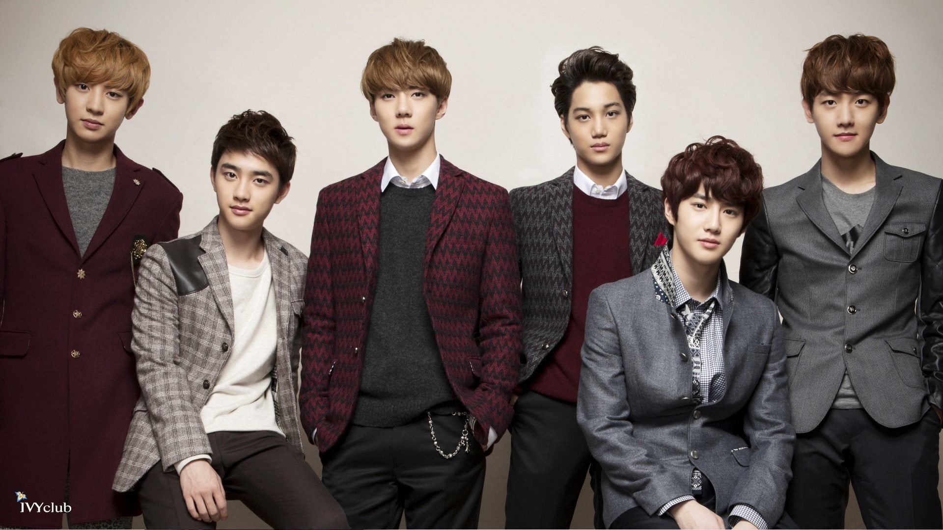 waist up, males, young adult, group, 1080P, young men, adolescence, EXO, hairstyle, people, men, indoors, standing, front view, looking at camera, three quarter length, HD Wallpaper