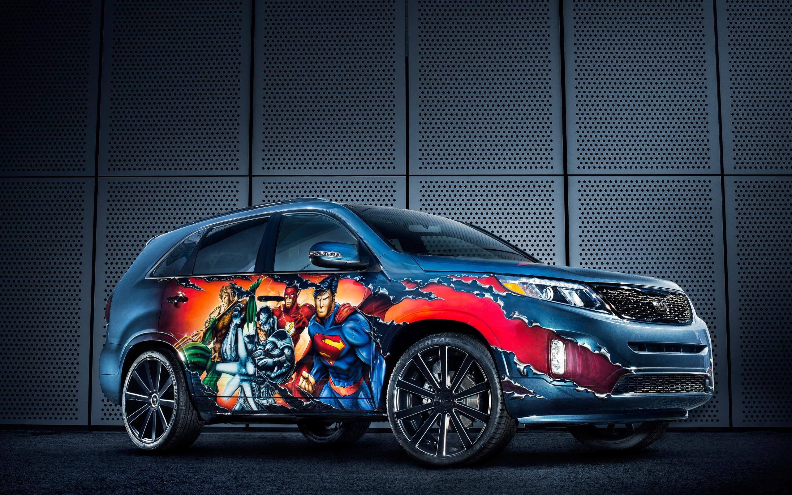 marvel, blue, suv, cars, 2K, kia, superhero, league, justice, sorento, red, 2013, print, HD Wallpaper