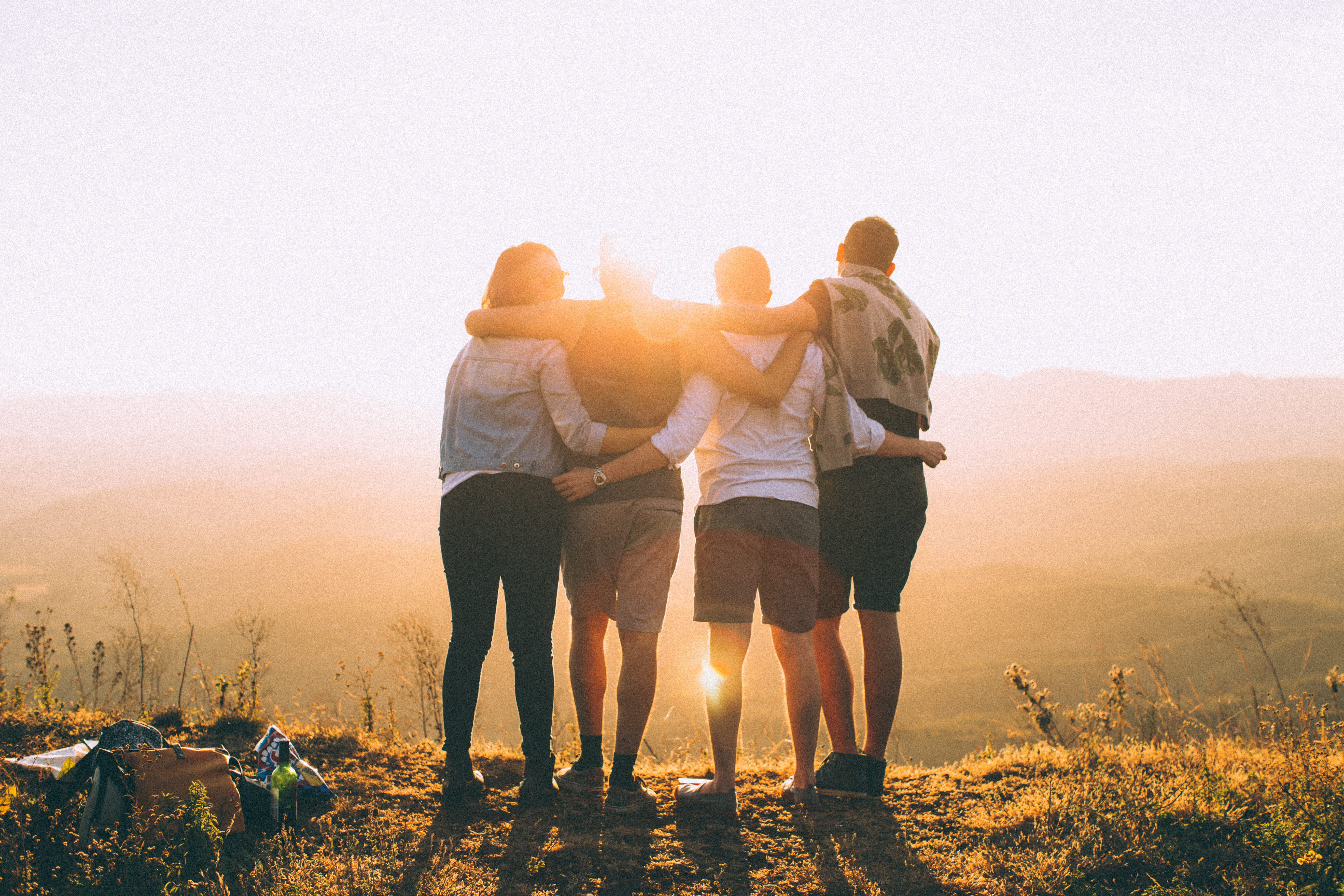 hill, hands, togetherness, adolescence, female, lifestyles, sunset, adult, man, land, sky, women, friendship, four, friends, wrap, male, sunlight, emotion, HD Wallpaper