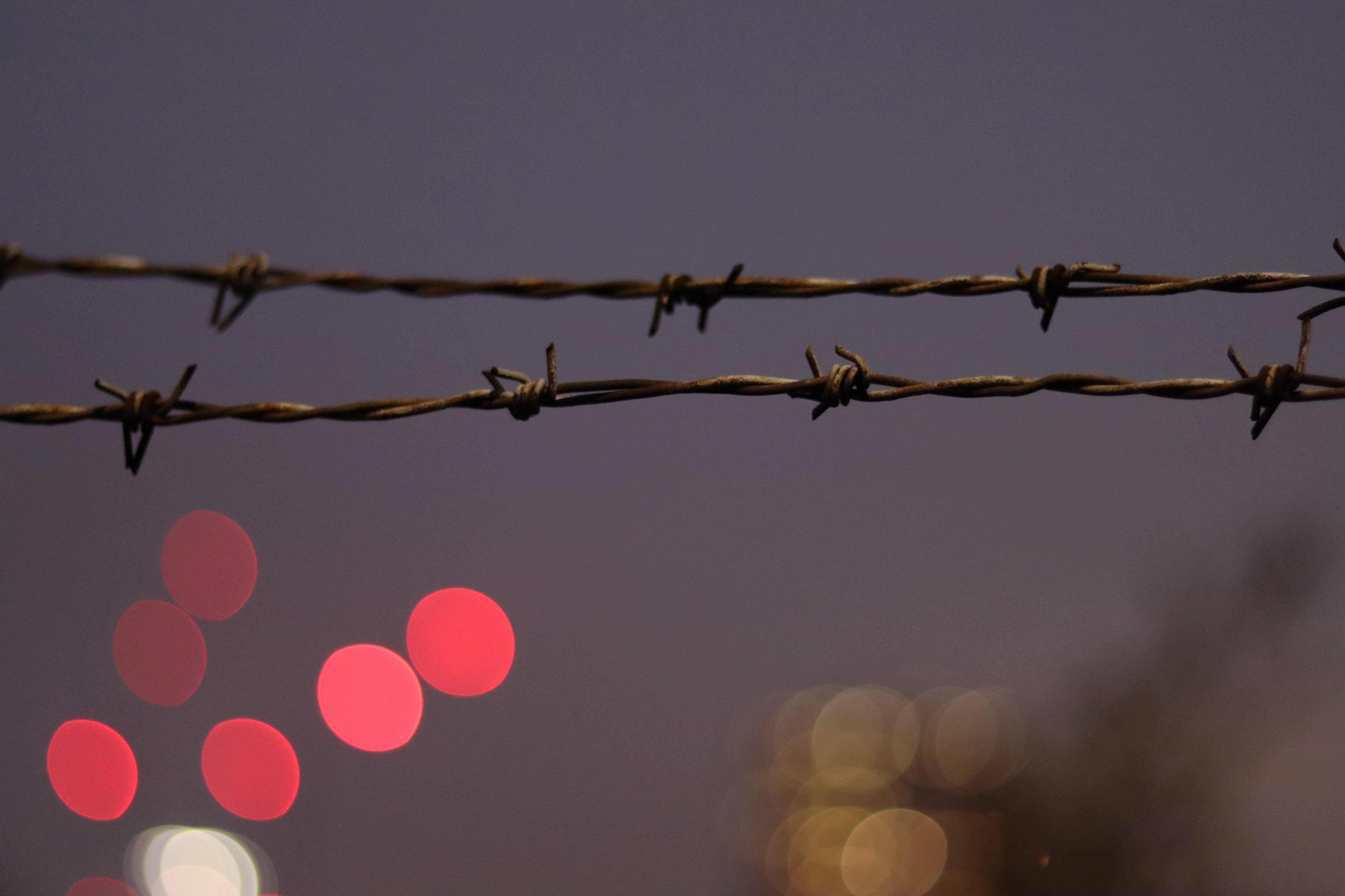 bulbs, low angle view, barb, security, boundary, clear sky, no people, blurred, illuminated, outdoors, glimpse, london, protection, barbed wire, night, HD Wallpaper