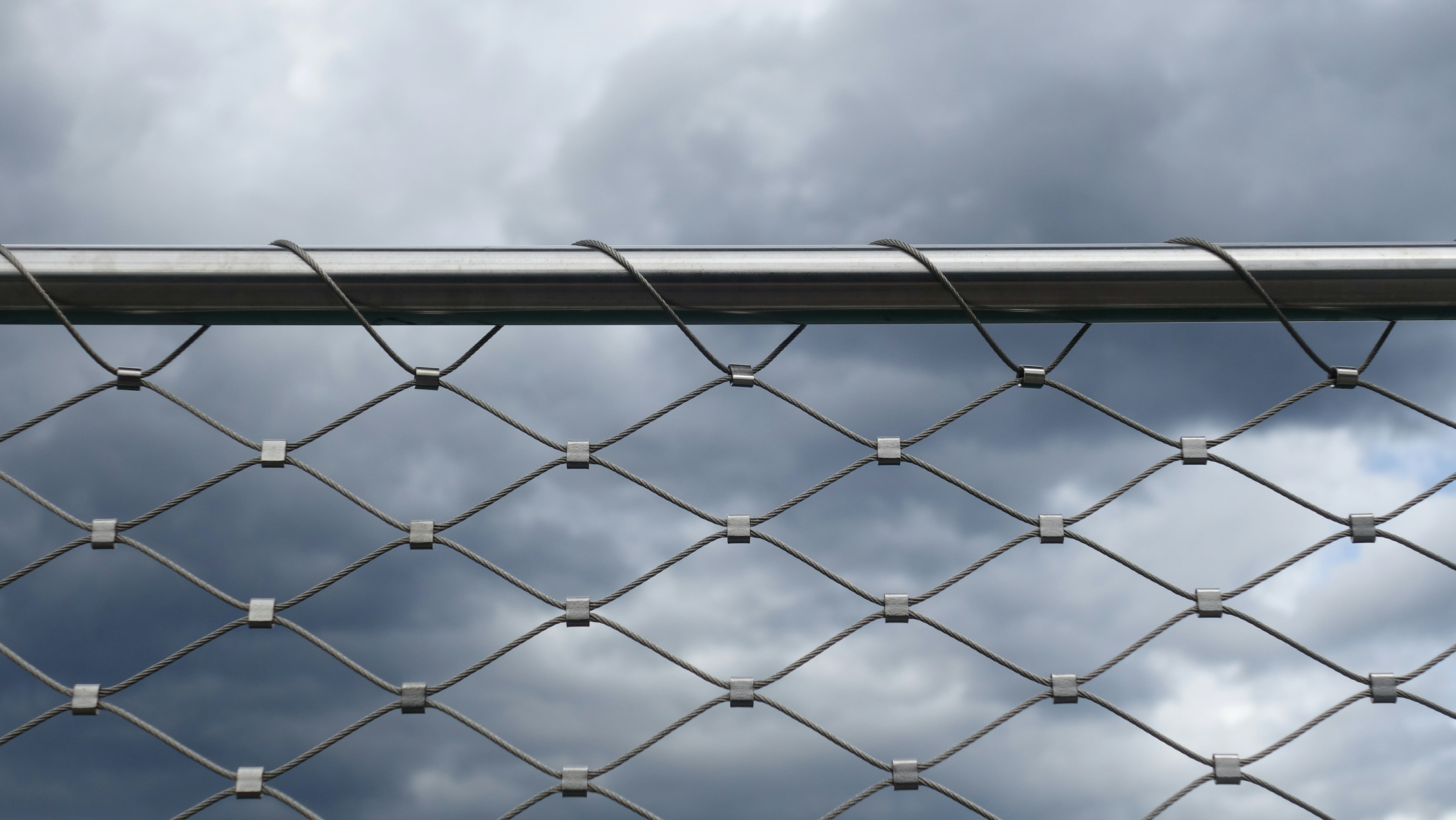 steel, cloud - sky, safety, protection, fence, architecture, outdoors, 5K, grey, nature, built structure, bridge railing, connection, lines, sky, metal, HD Wallpaper