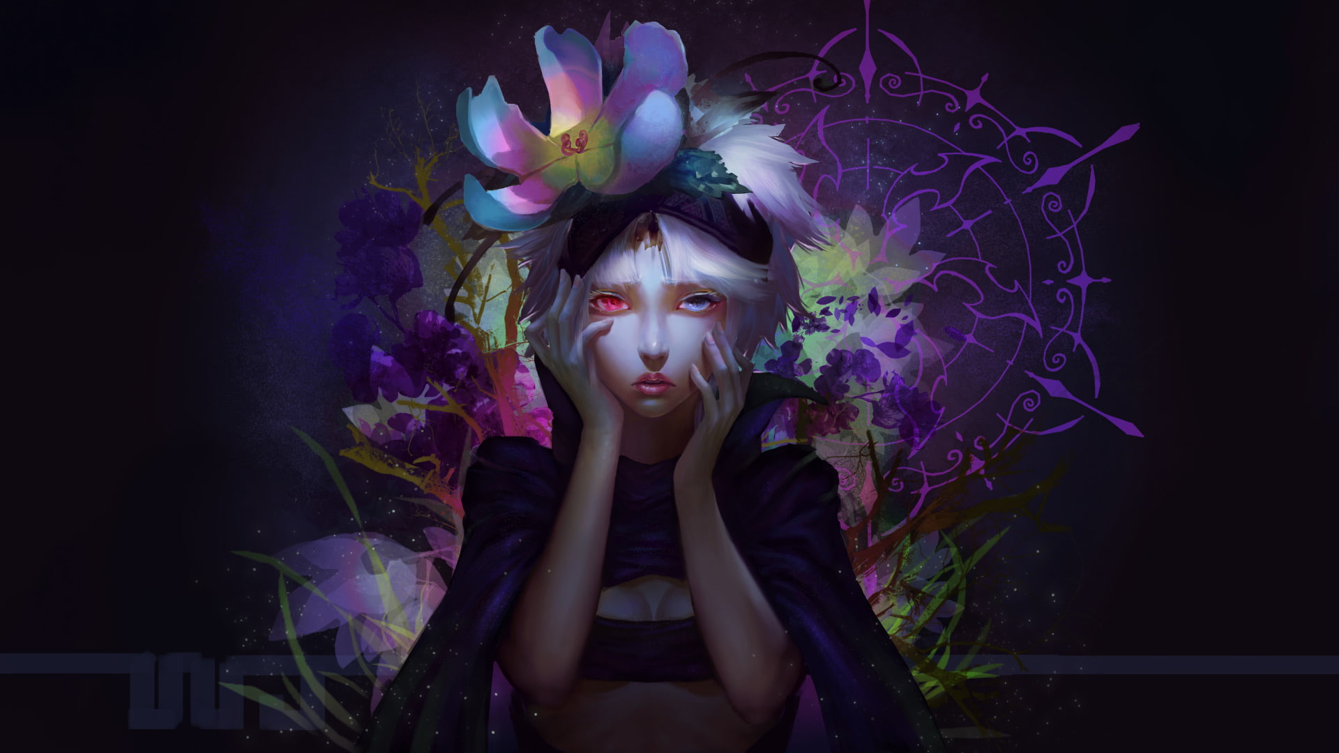 1080P, studio shot, contemplation, Fremy Speeddraw, nature, purple, make-up, dark, front view, black background, flower, young women, Anime, women, young adult, HD Wallpaper
