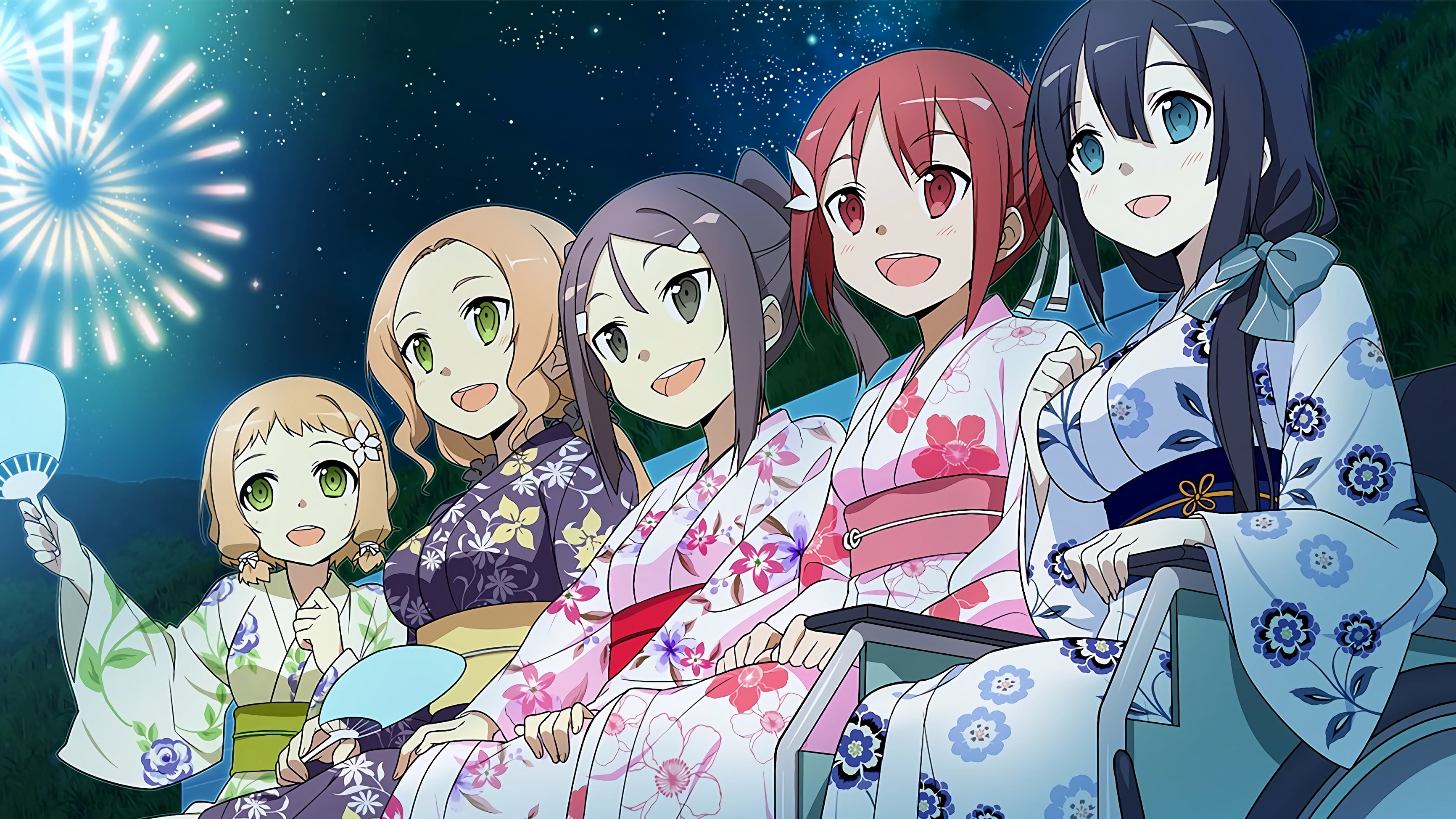 Yuki Yuna, Miyoshi Karin, Togo Mimori, Inubouzaki Fu, 2K, Anime, Inubouzaki Itsuki, Fireworks, Yuuki Yuuna wa Yuusha de Aru, HD Wallpaper