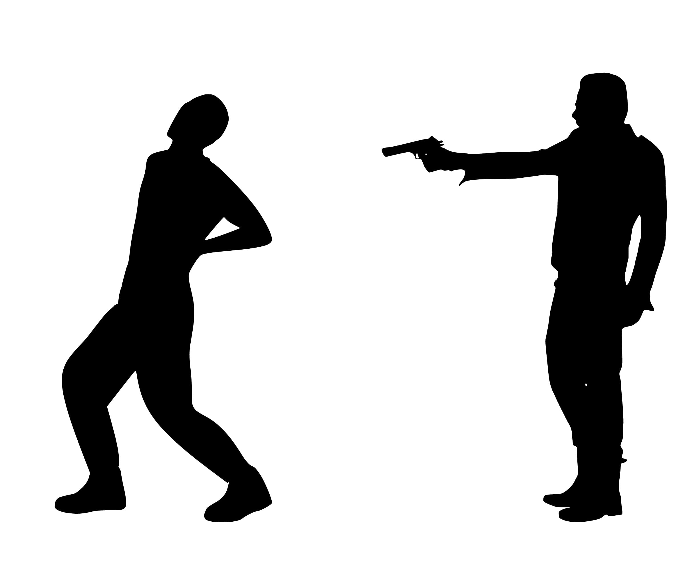 body, full length, horror, standing, thief, togetherness, handgun, killer, two, aiming, fire, 1080P, people, victim, another, actions, white background, HD Wallpaper