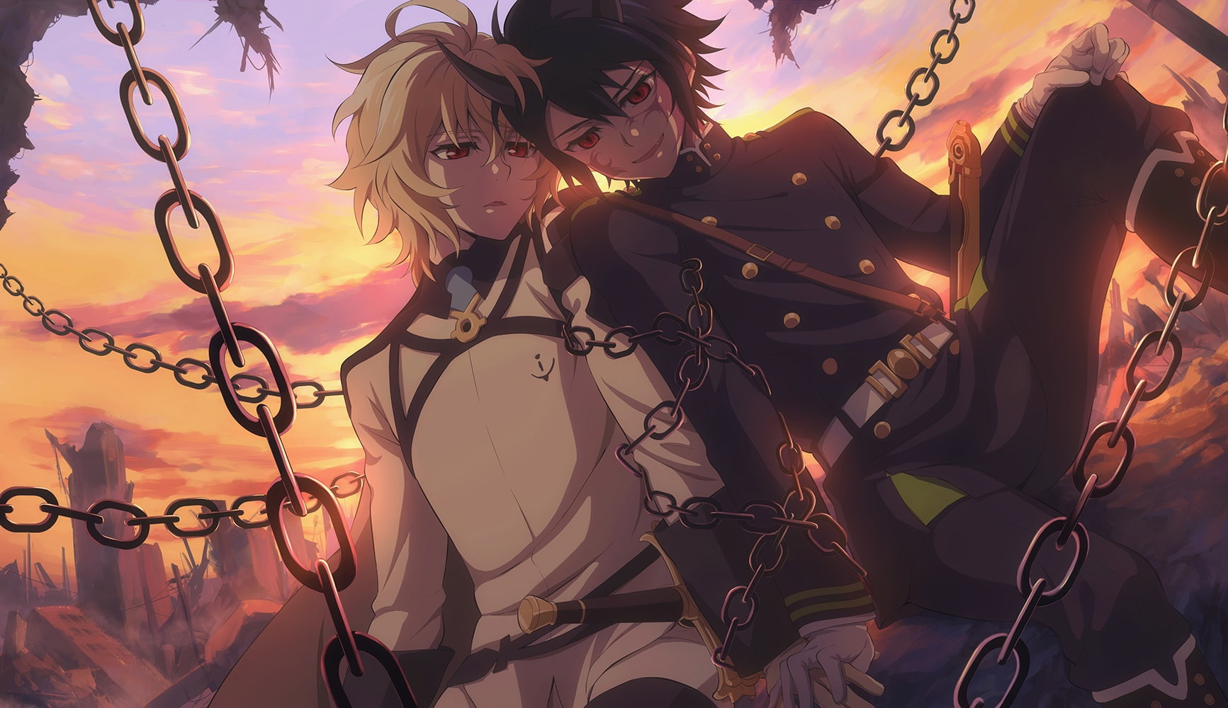 hair, male, sword, brown, sky, vampire, chain, konachan, com, weapon, 720P, mikaela, horns, ruins, eyes, gloves, fcc, shounen, blonde, fang, hyakuya, red, HD Wallpaper