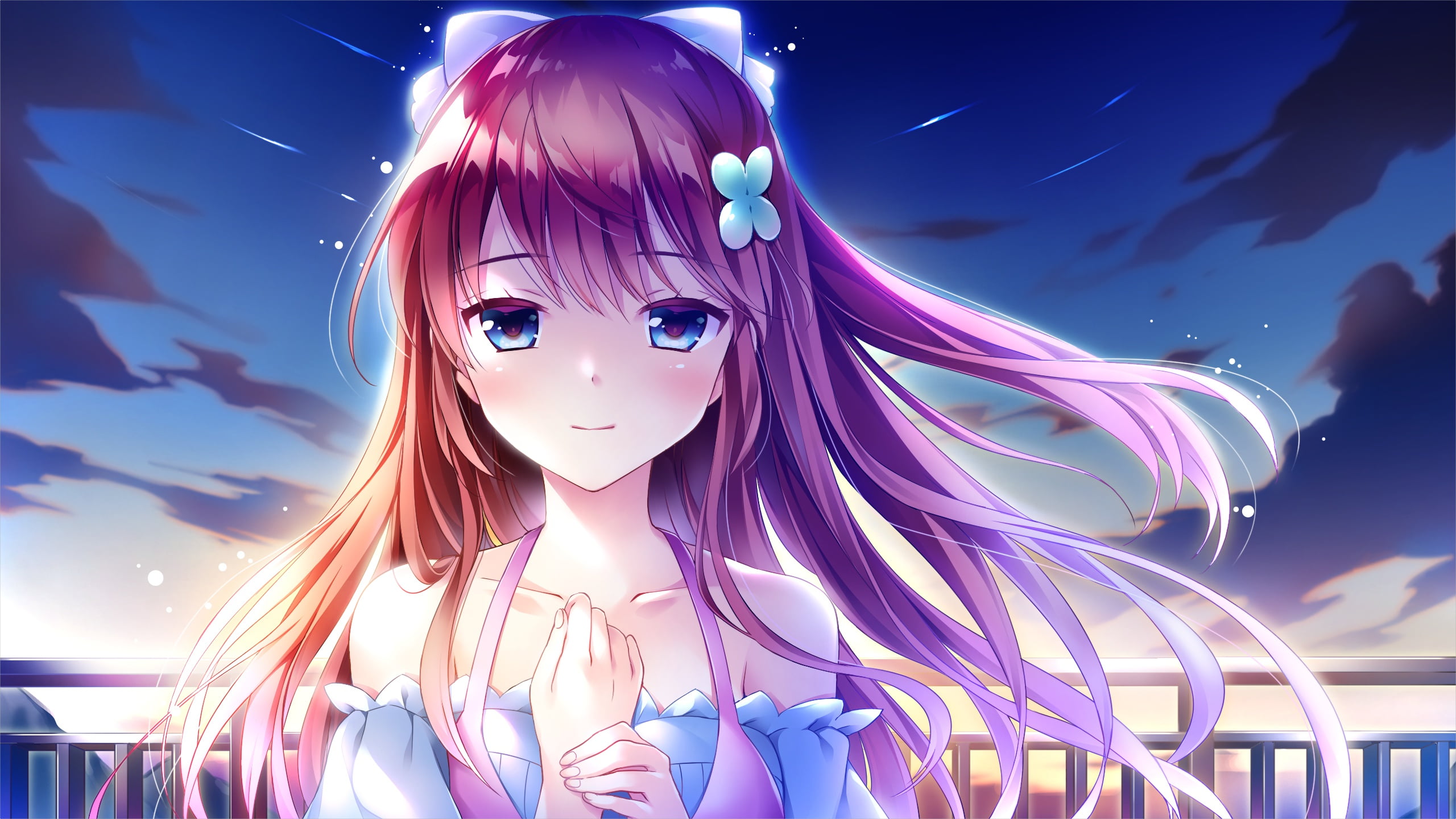 look, the wind, the sky, stars, the game, obloka, girl, anime, the evening, Shounen, 2K, HD Wallpaper