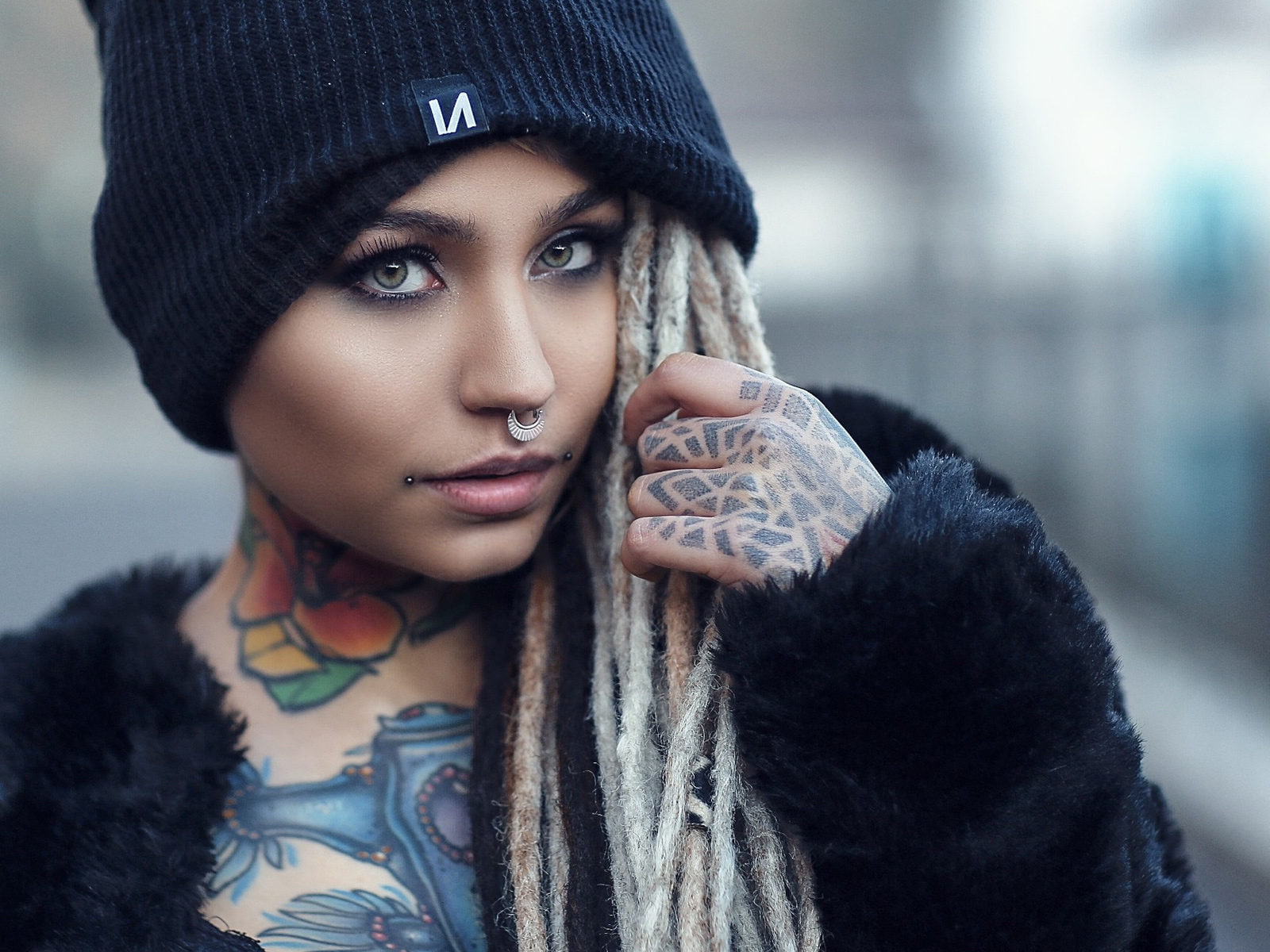 front view, beautiful woman, fashion, human face, warm clothing, clothing, 720P, scarf, focus on foreground, knit hat, piercing, portrait, cold temperature, HD Wallpaper