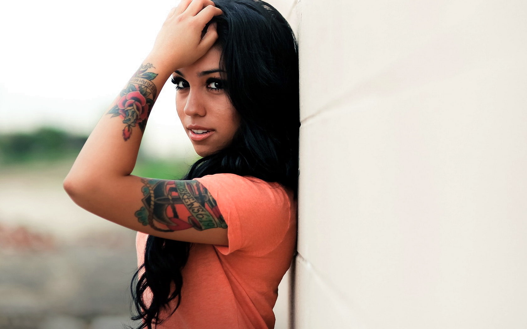 tatoo, woman, brunette, girl, 720P, mood, female, HD Wallpaper