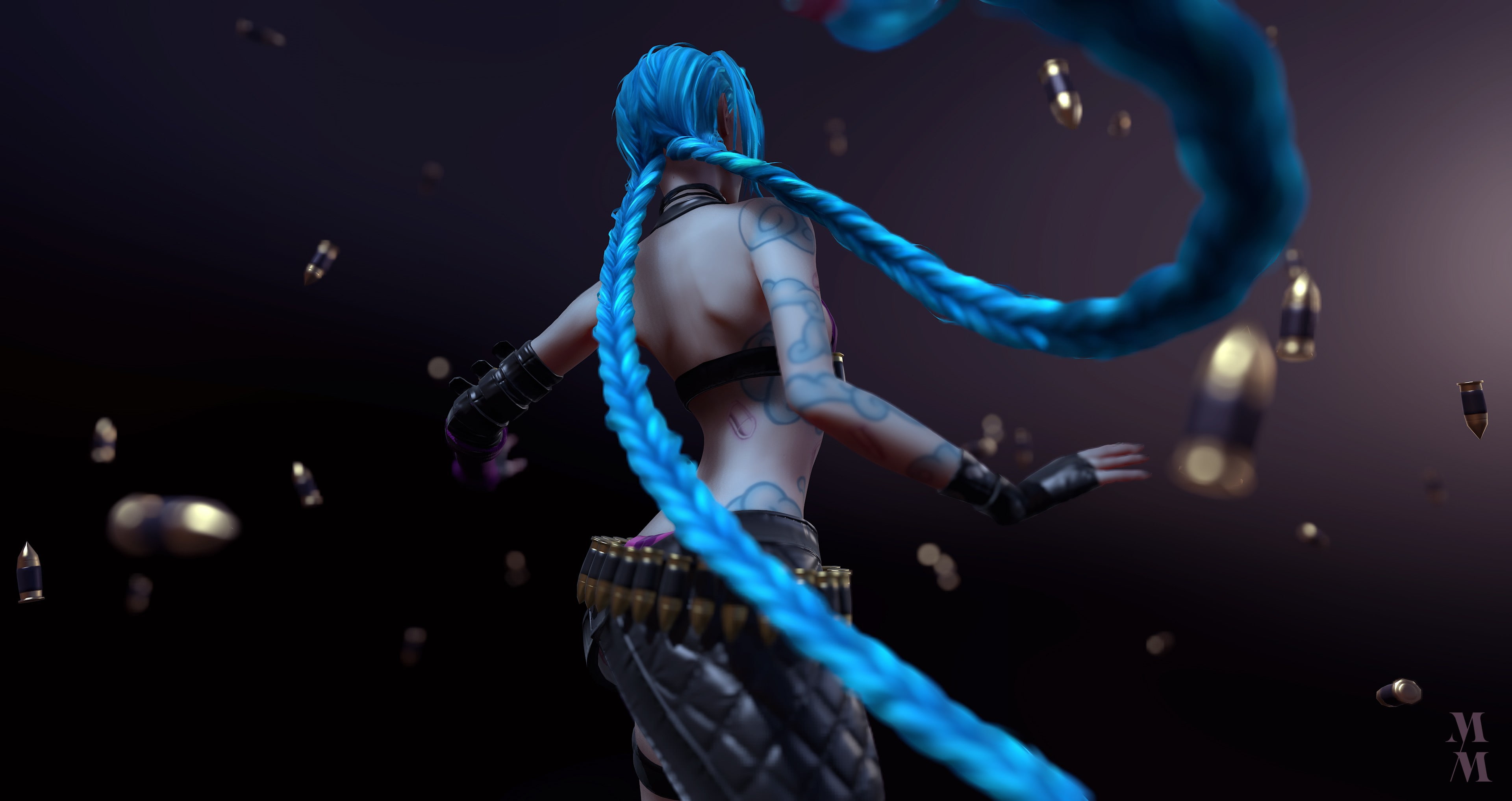 ammunition, LOL, League of Legends, tatoo, Jin, long hair, bishojo, blue, 4K, game, HD Wallpaper