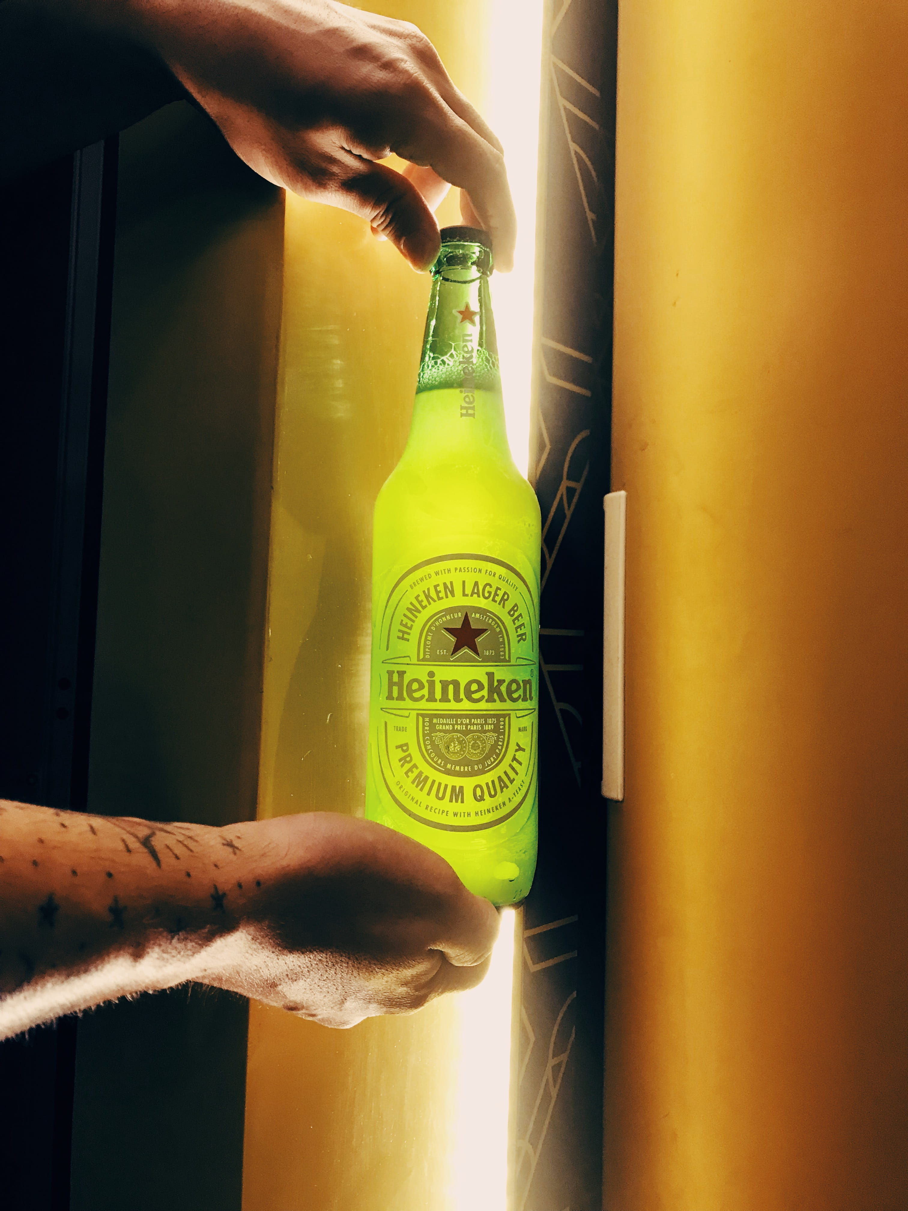 beer bottle, bottle, brazil, holding, refreshment, transparent, drink, tatoo, human body part, gold, bier, hands, body part, real people, heineken, unrecognizable person, Phone HD Wallpaper