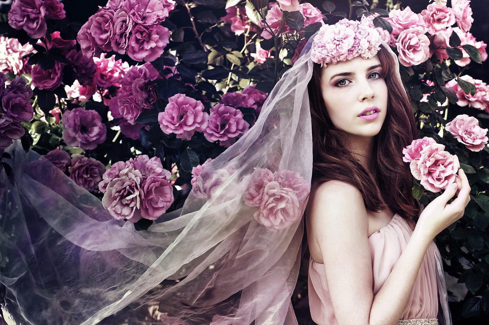 pretty, inspi, enchantress, princess, 720P, veil, roses, lady, pink, HD Wallpaper